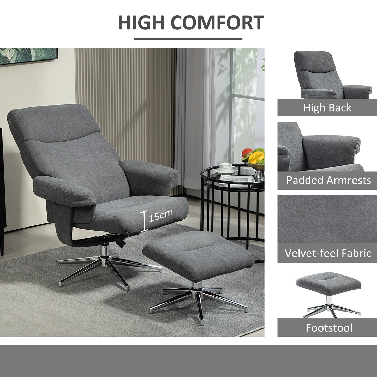 HOMCOM Velvet Feel Recliner Chair And Ottoman Set In Dark Gray With Wooden Frame And 130 Degree Adjustable Back