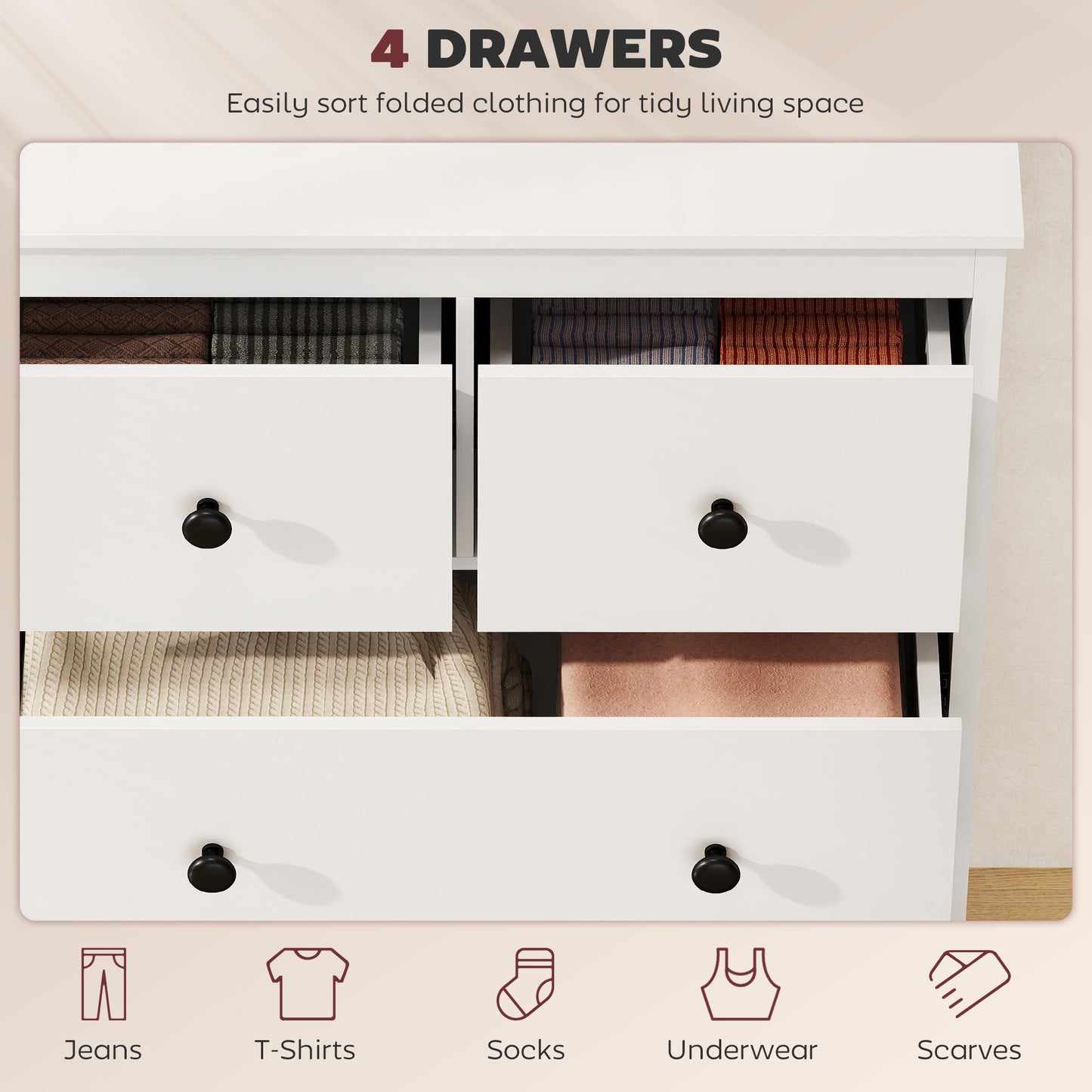 HOMCOM Modern 4 Drawer Chest Of Drawers White Dresser For Living Room Hallway Entryway
