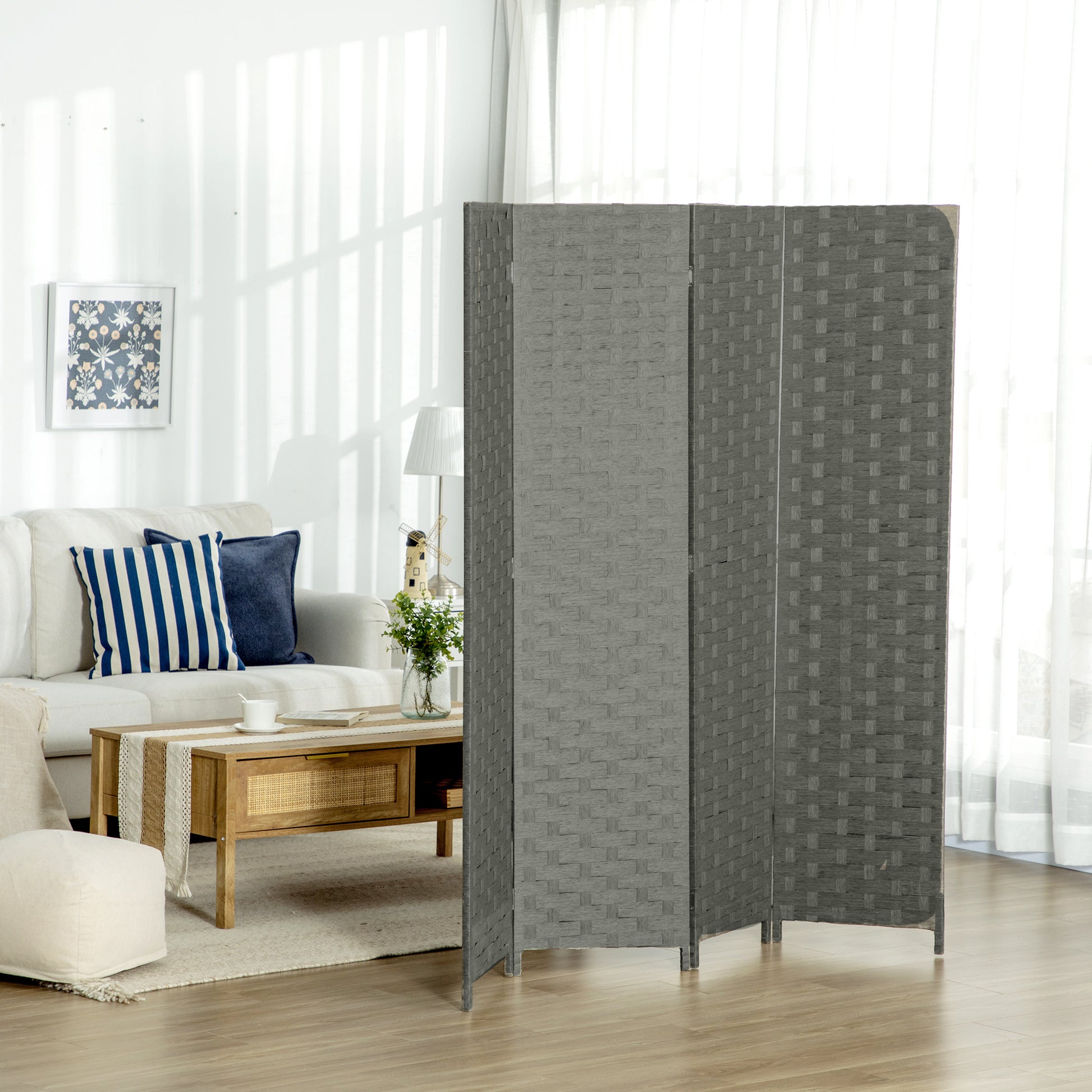 HOMCOM Freestanding 4-Panel Wicker Room Divider Screen - Stylish Privacy Partition for Home and Office Use - ALL4U RETAILER LTD