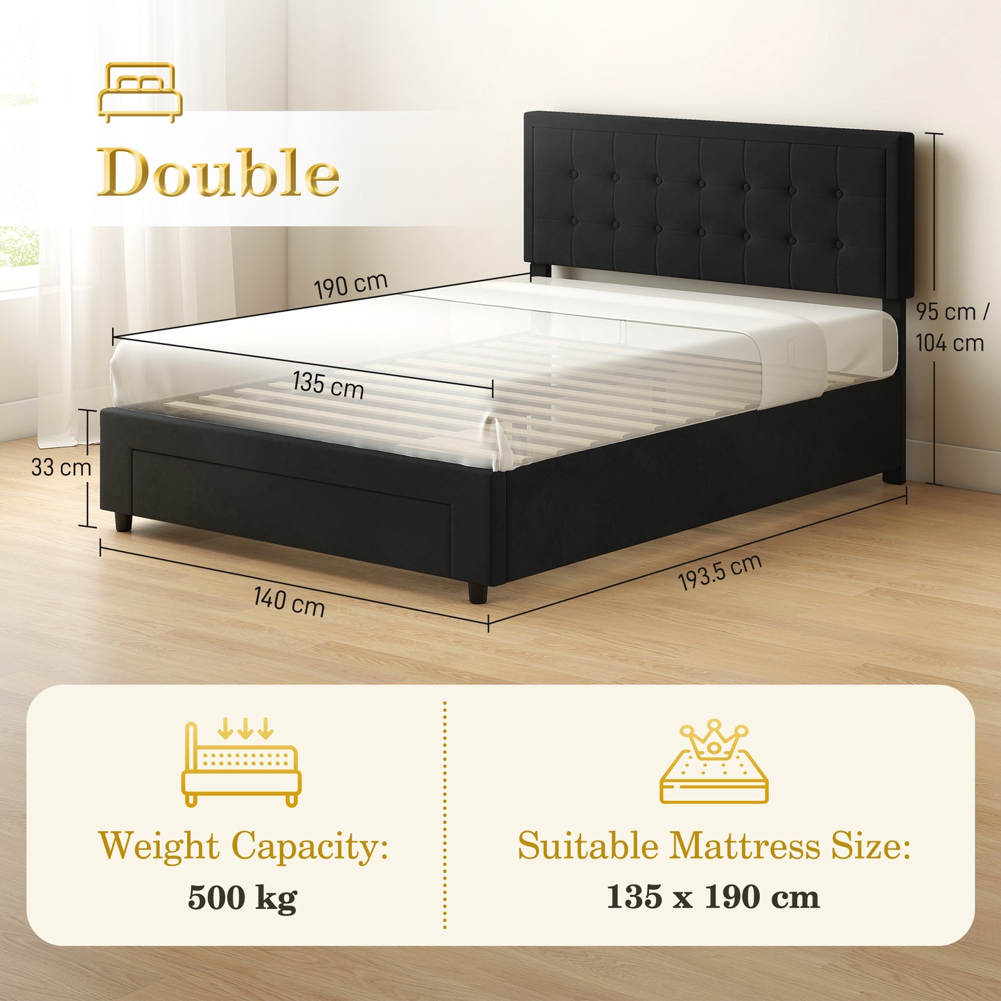 HOMCOM Double Ottoman Bed Frame With Front Storage Drawer And Gas Lift Mechanism Black