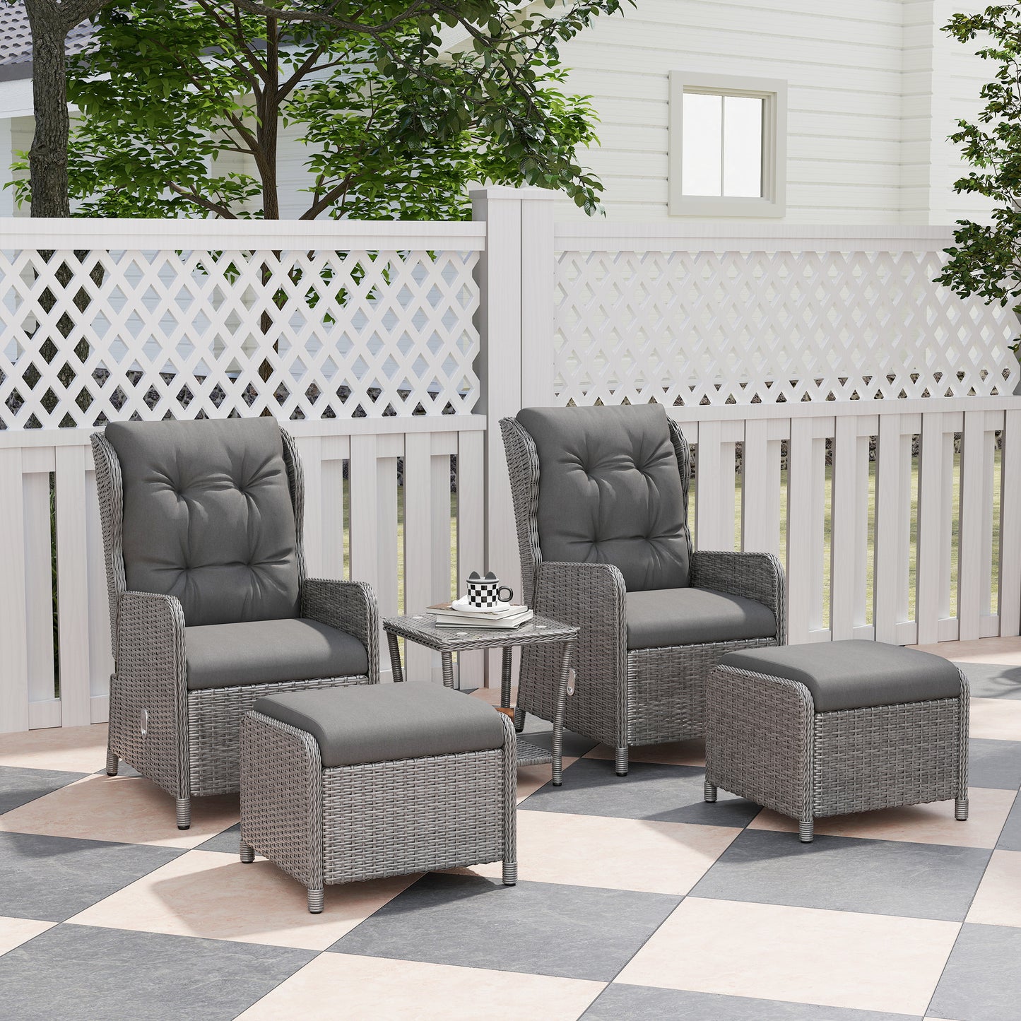 Outsunny 5 Piece Rattan Bistro Set Adjustable Back Reclining Wicker With Cushions Glass Top Table Light Grey