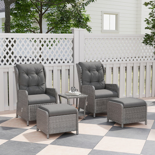 Outsunny 5 Piece Rattan Bistro Set Adjustable Back Reclining Wicker With Cushions Glass Top Table Light Grey