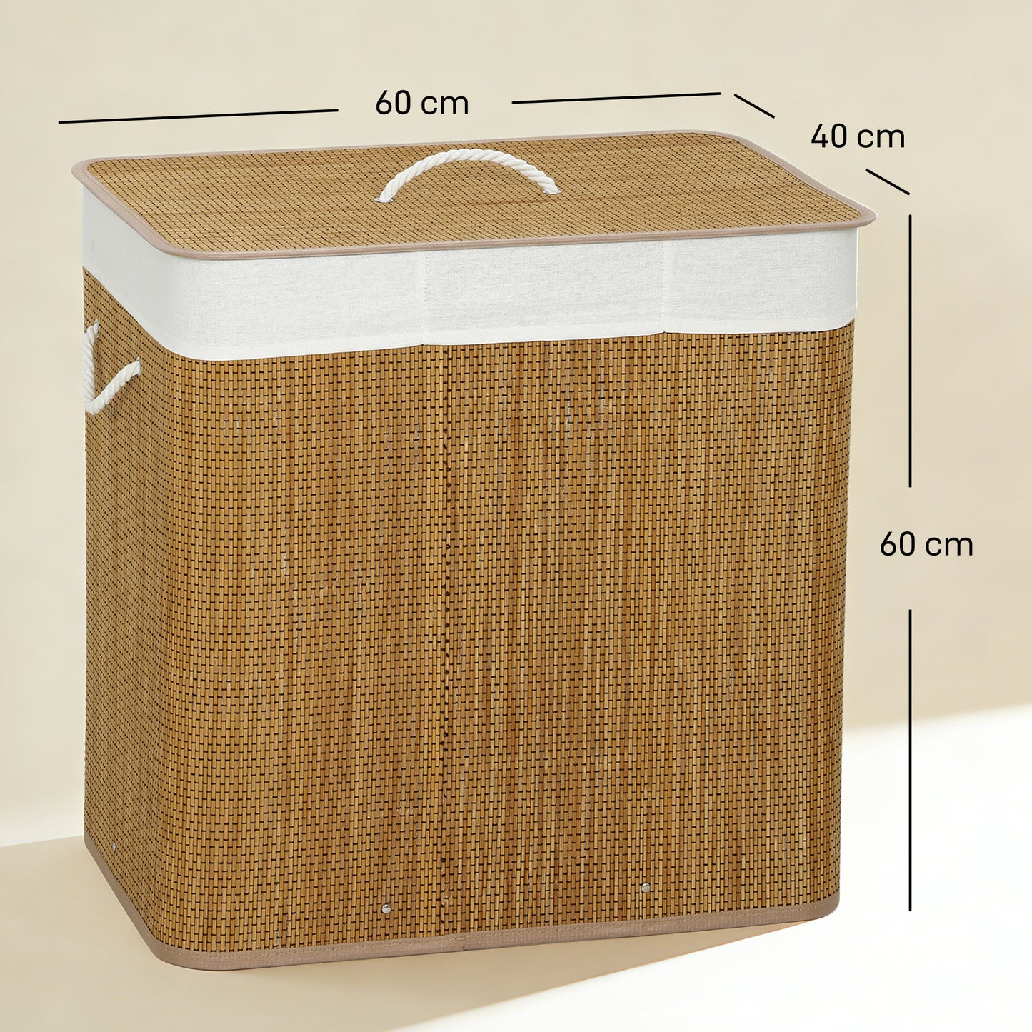 HOMCOM 3 Section Laundry Basket with Lid 144L Brown Bamboo Hamper with Handles Removable Washable Liner