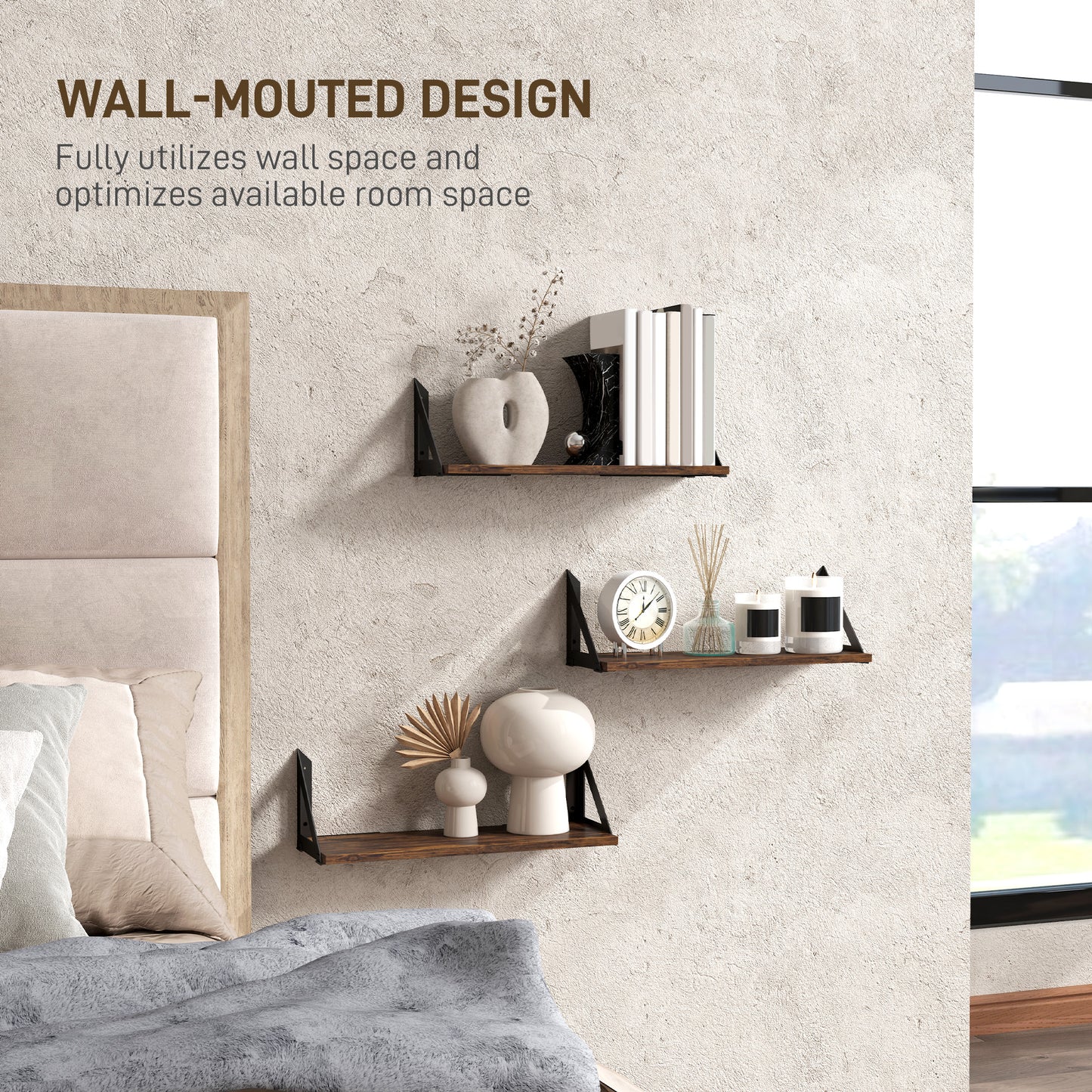 HOMCOM Set Of 3 Rustic Brown Wall Mounted Floating Shelves 43cm Vintage Living Room Entryway Bedroom