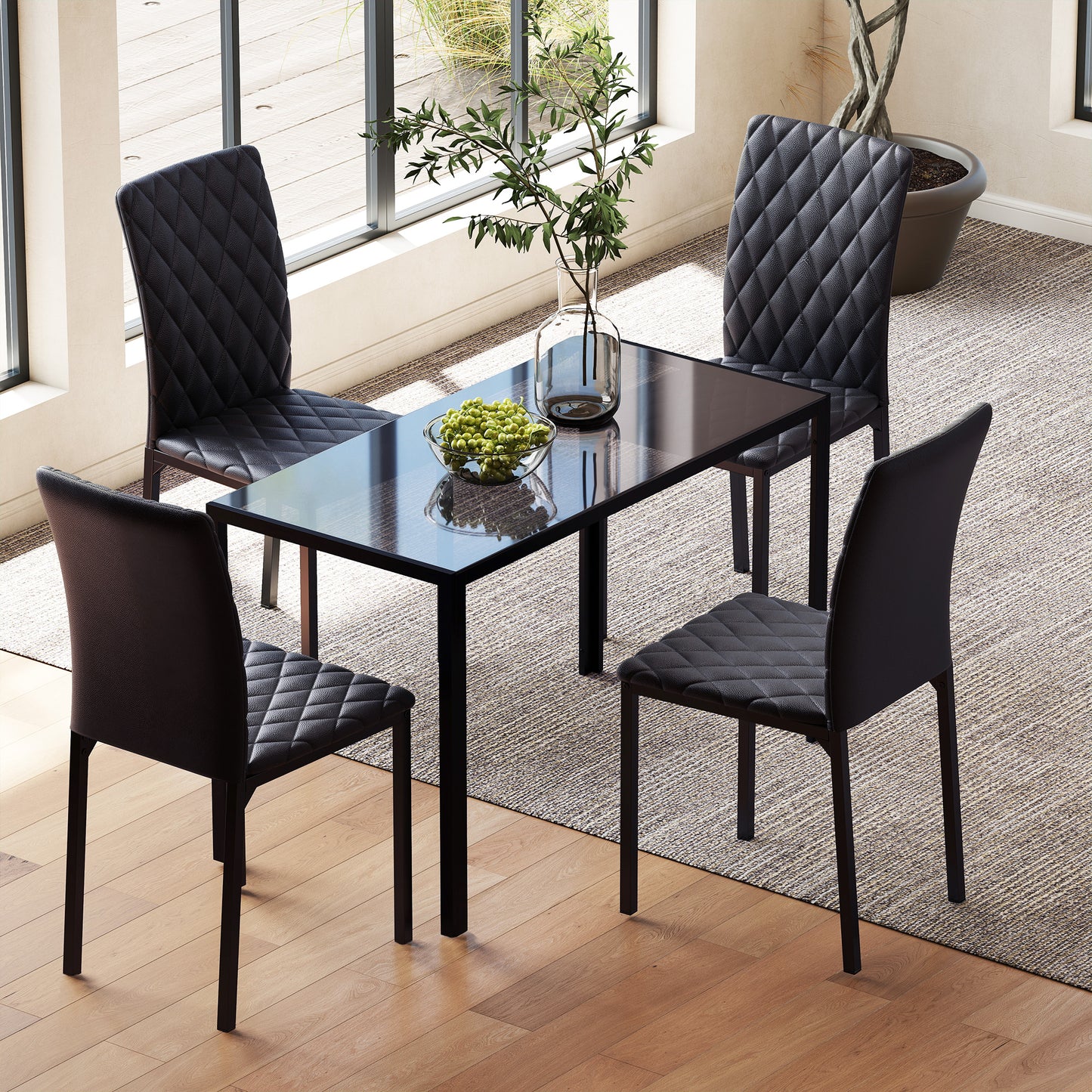 HOMCOM 5 Piece Dining Set With Glass Top Table And Quilted PU Leather Chairs In Black Kitchen