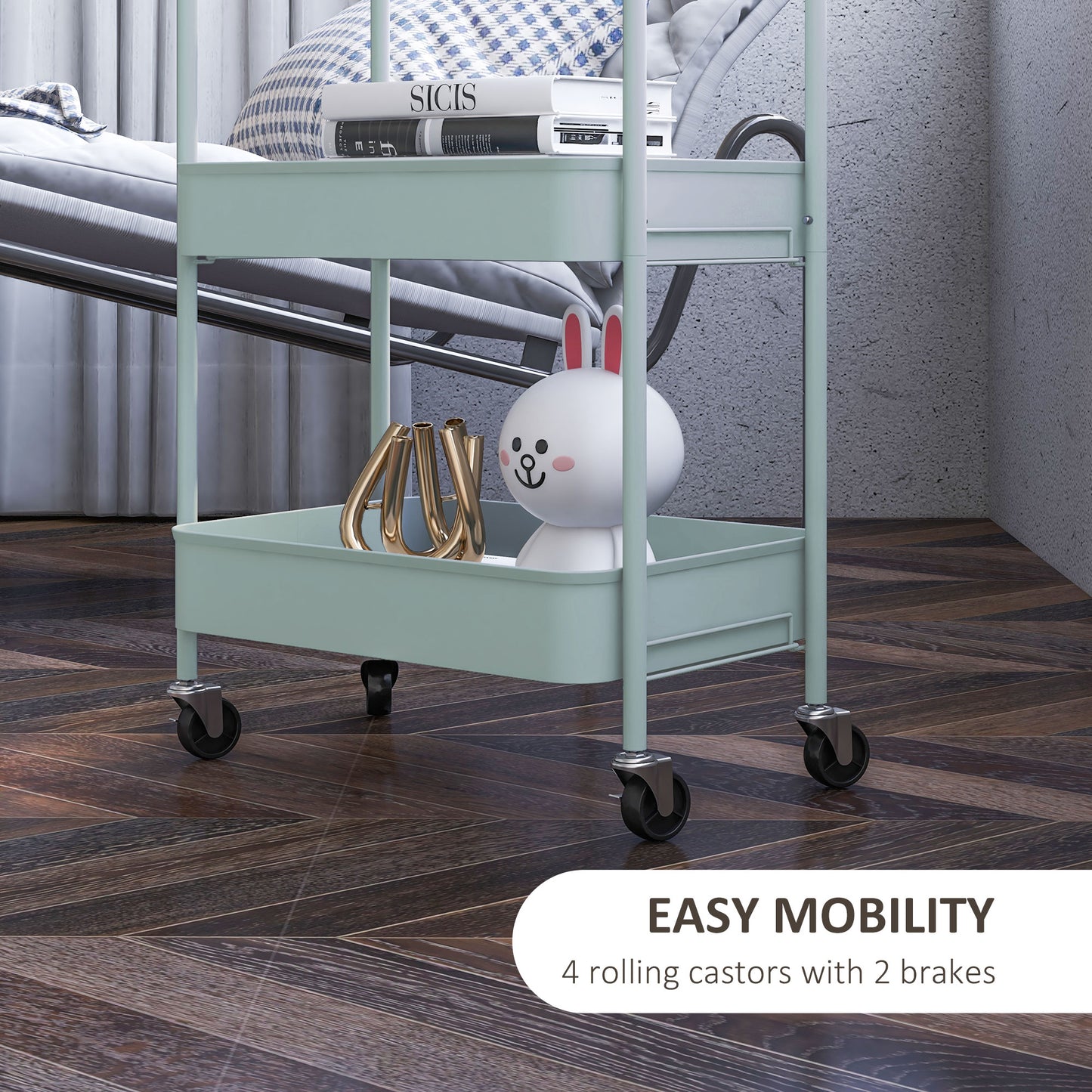 HOMCOM Three Tier Steel Storage Trolley Light Blue Rolling Cart With Small Medium And Large Baskets