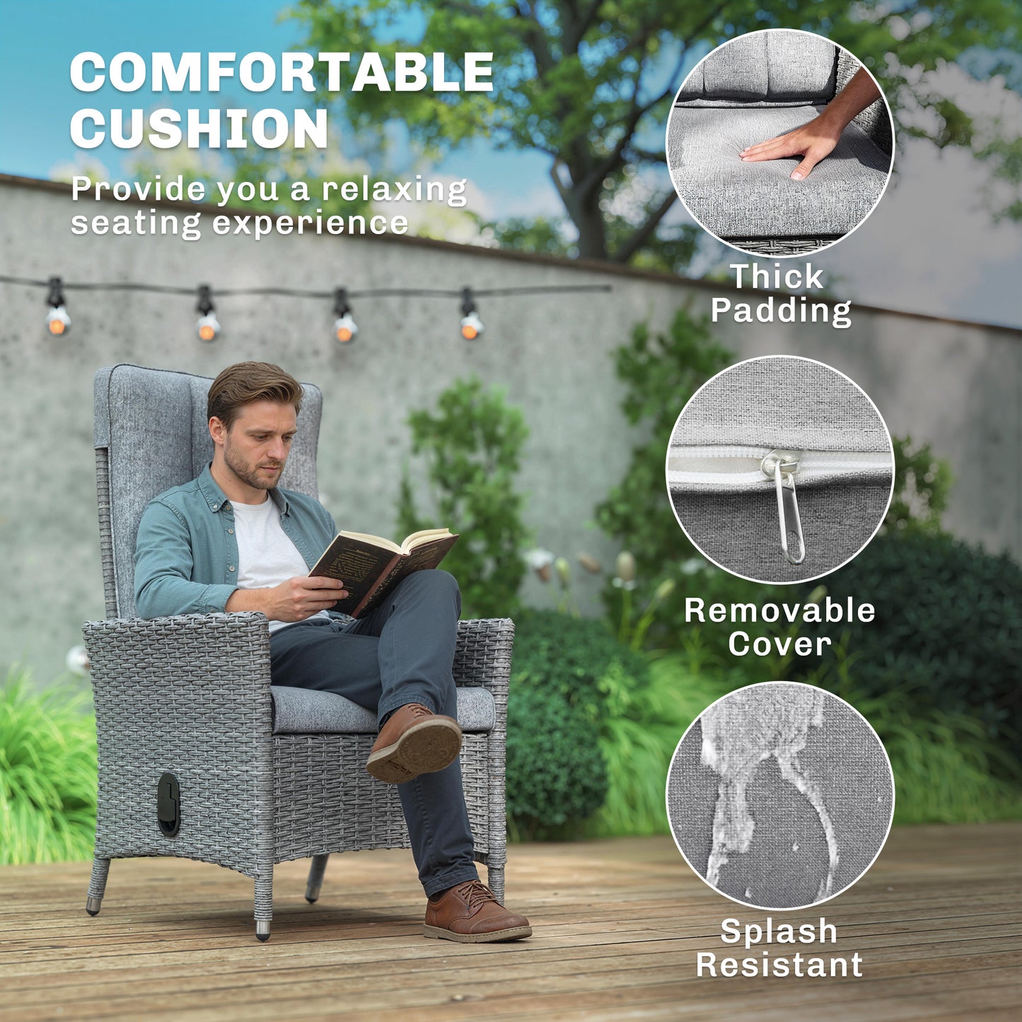 Outsunny 105 To 150 Degree Reclining Rattan Chair With Cushioned Seat Outdoor Light Grey