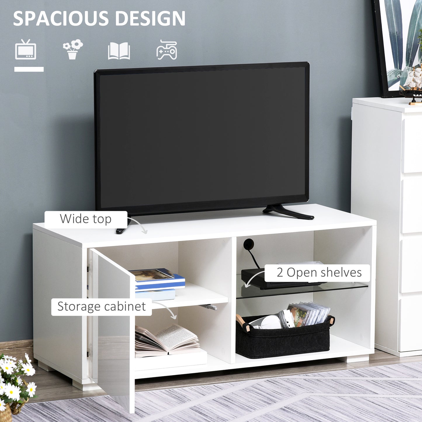 HOMCOM Contemporary White High Gloss TV Stand with Storage Cabinet and Shelves for Living Room and Office - ALL4U RETAILER LTD