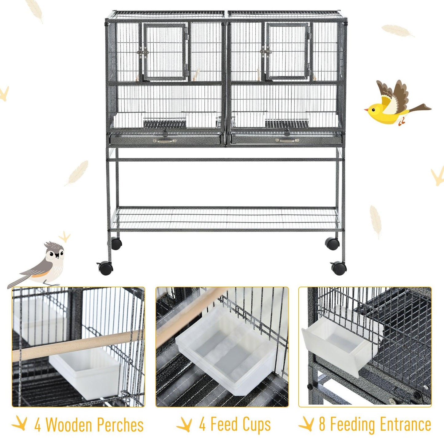 PawHut Double Rolling Metal Bird Cage with Storage Shelf and Food Container - ALL4U RETAILER LTD