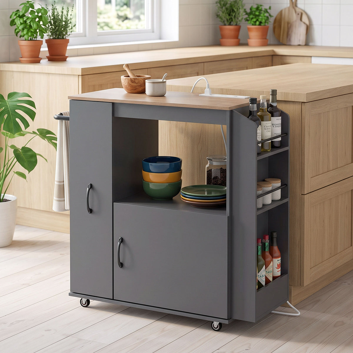 HOMCOM Grey Kitchen Trolley Cart With Power Outlet Drawer