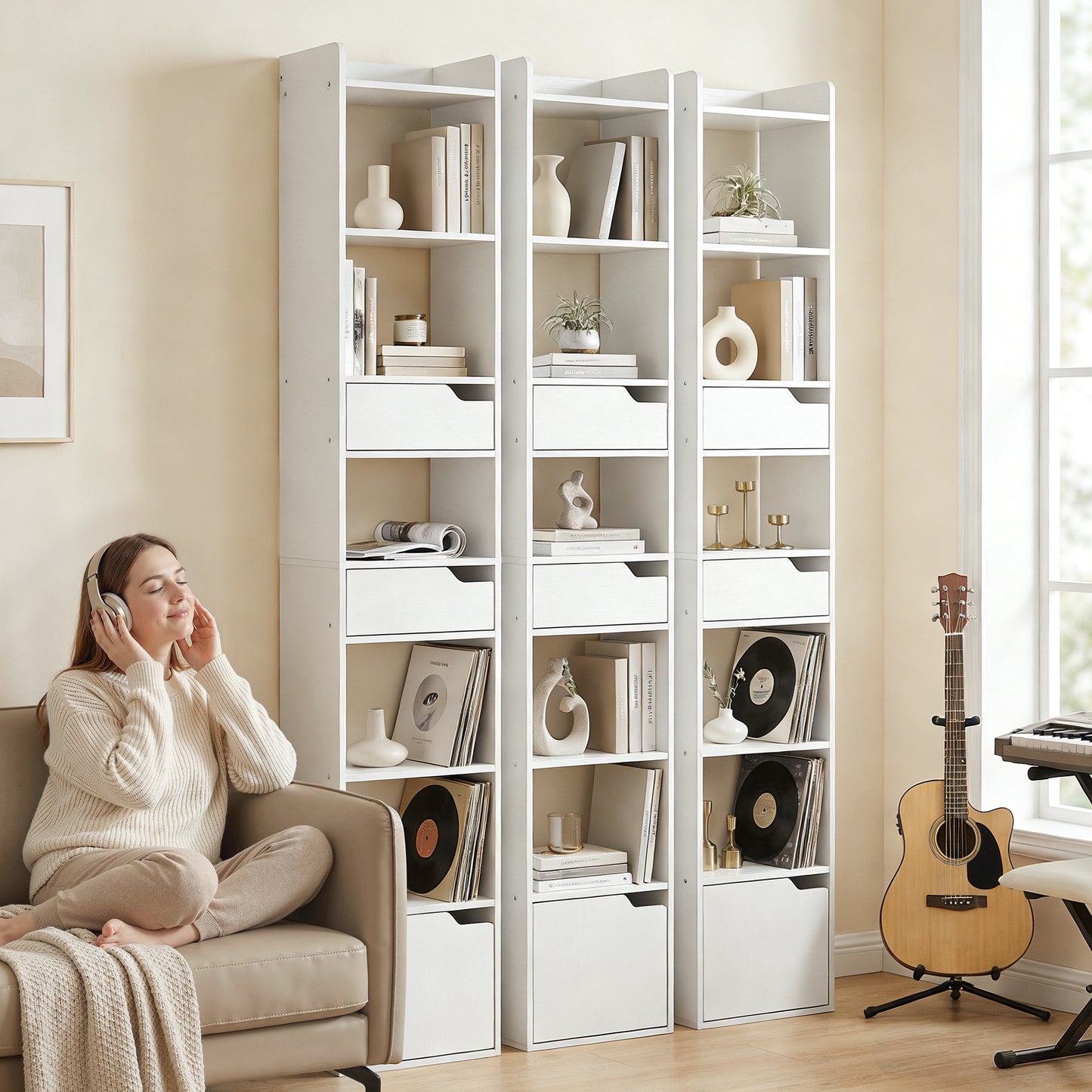 HOMCOM Tall Narrow Bookcase With 5 Tiers And Drawers Freestanding White Wood Effect Living Room Storage Cabinet