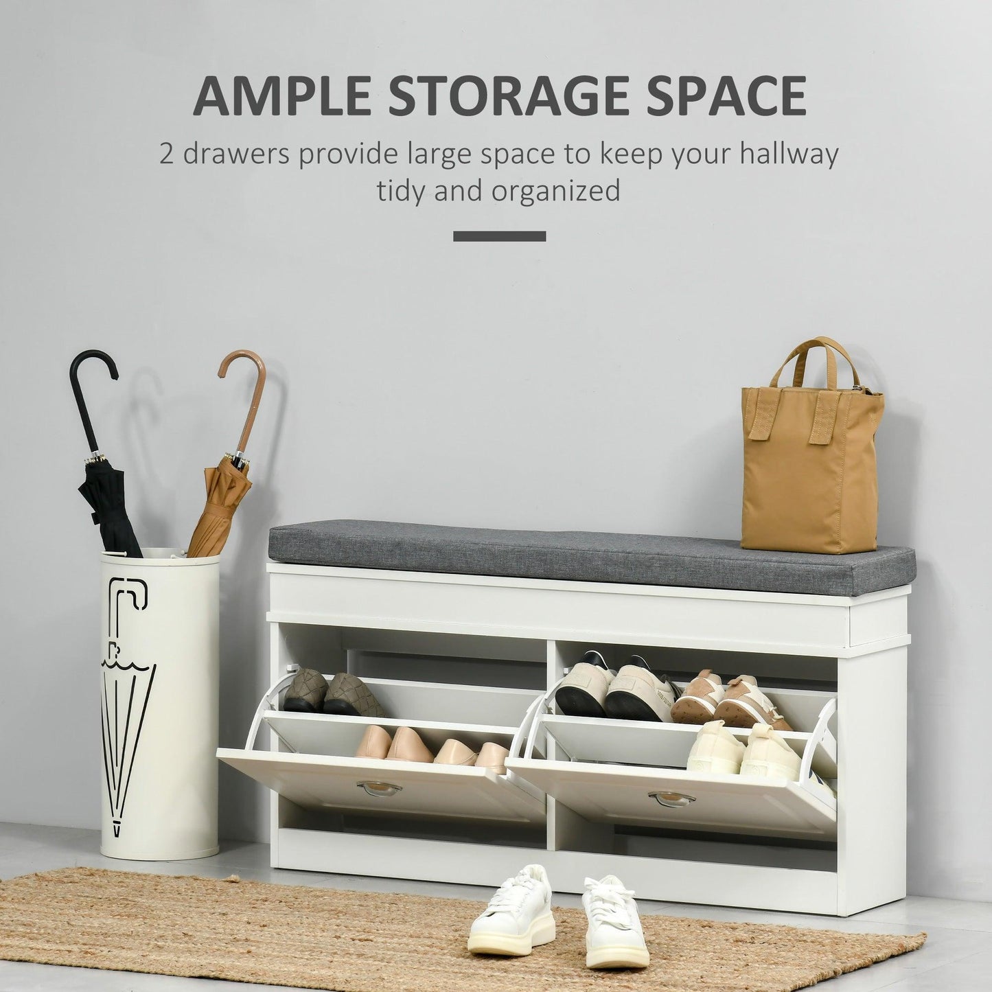 HOMCOM White Shoe Storage Bench with Cushioned Seat and Drawers - ALL4U RETAILER LTD