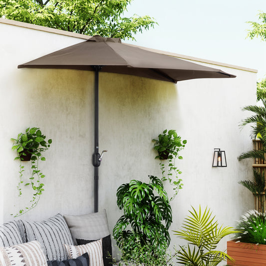 Outsunny 2.7m Compact Balcony Half Umbrella - Brown Garden Patio Shade with 5 Steel Ribs - ALL4U RETAILER LTD