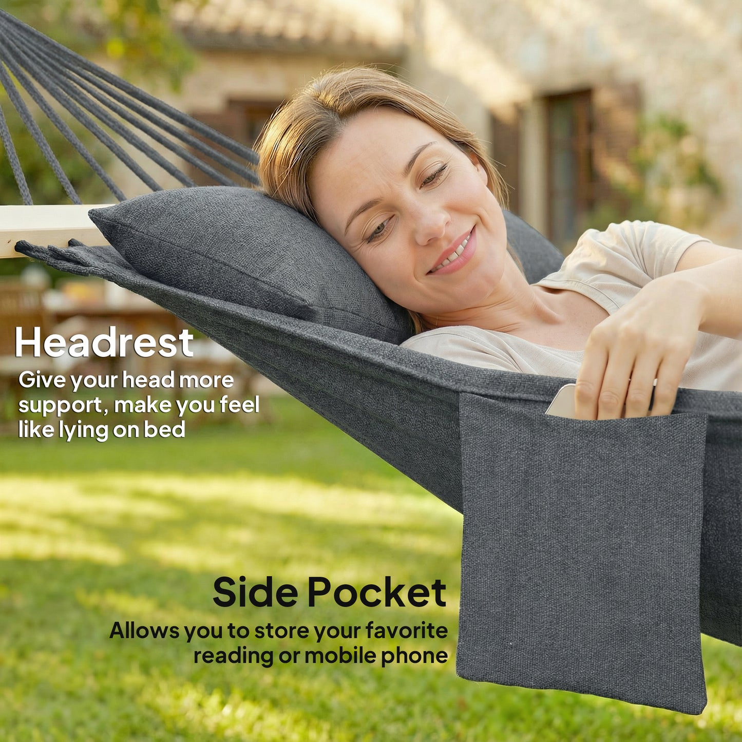Outsunny Cotton Hammock Portable Swing With Headrest And Side Pocket For Outdoor Relaxation Dark Gray
