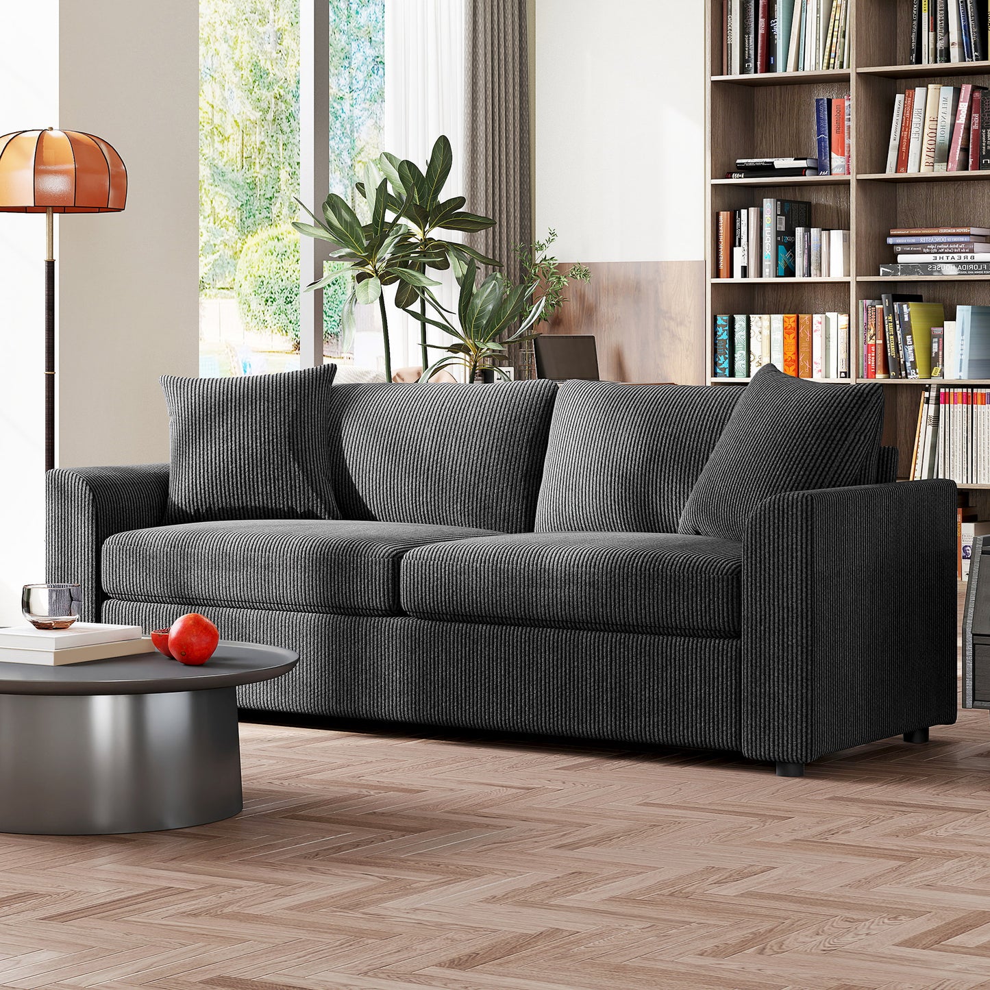 HOMCOM Modern 3 Seater Sofa 212 cm Corduroy Fabric With Spring Cushions And 2 Scatter Cushions Grey Living Room