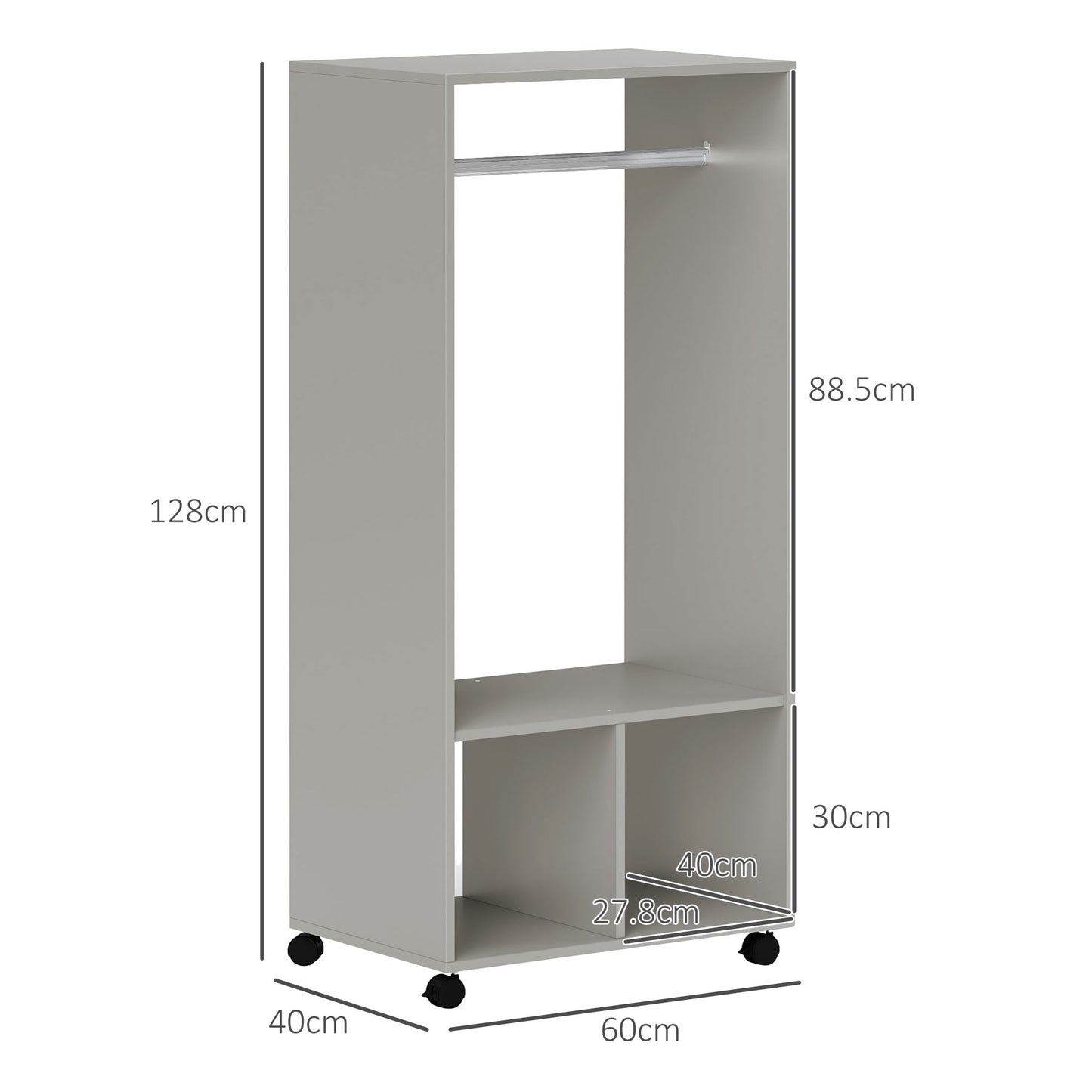 HOMCOM Open Wardrobe On Wheels With Hanging Rail And 2 Shelves Grey Mobile Garment Rack For Cloakroom And Hallway
