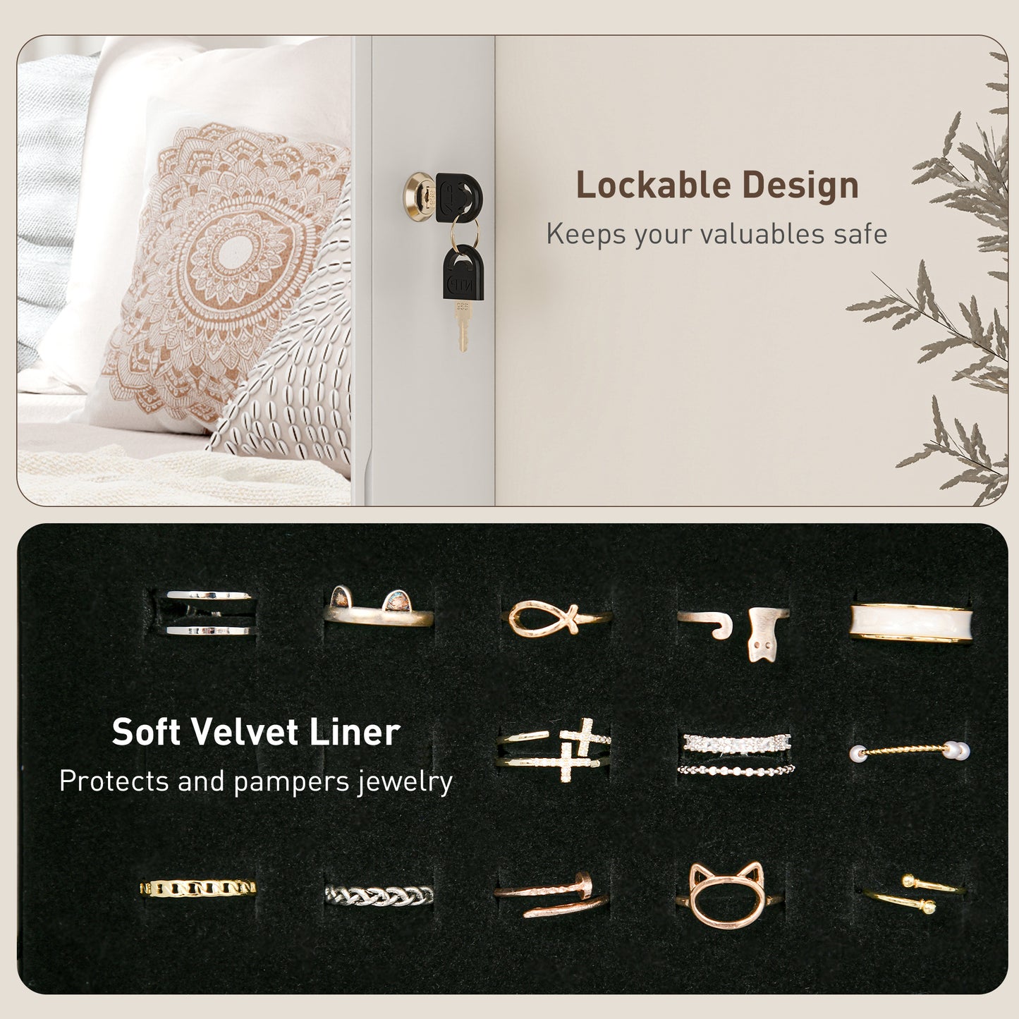 HOMCOM Lockable Jewellery Cabinet With LED Lights 108 x 37cm White Surface Black Lining Mirrored Jewellery Organizer