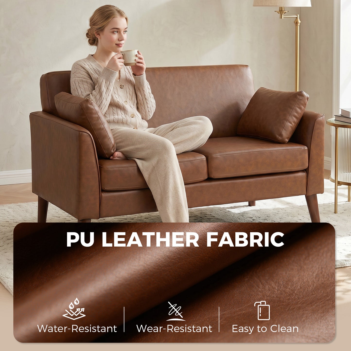HOMCOM 2 Seater Sofa 132 Cm Modern Small Sofa With Solid Wood Legs And 2 Pillows For Small Space Brown