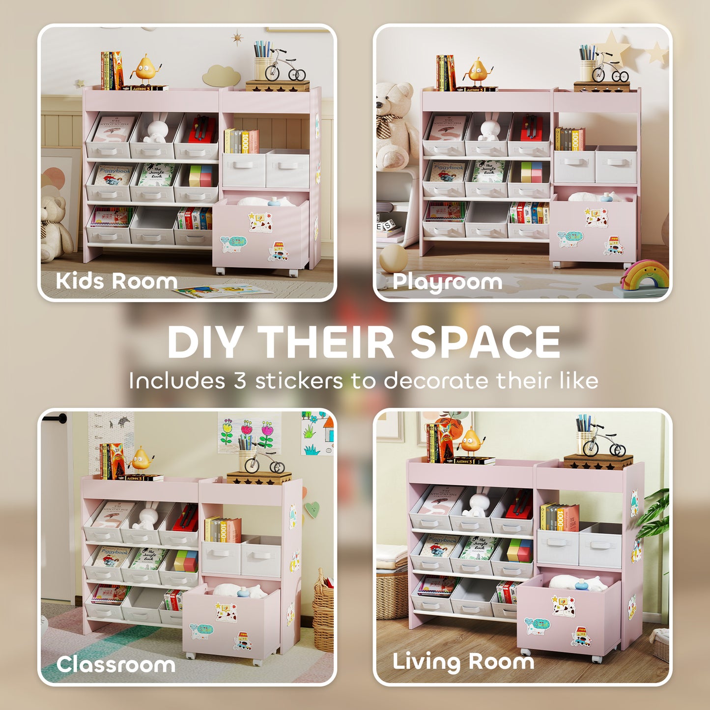 AIYAPLAY Kids Toy Storage Unit With 11 Fabric Bins Cabinet Top Shelves And 3 Stickers Pink For Nursery Playroom