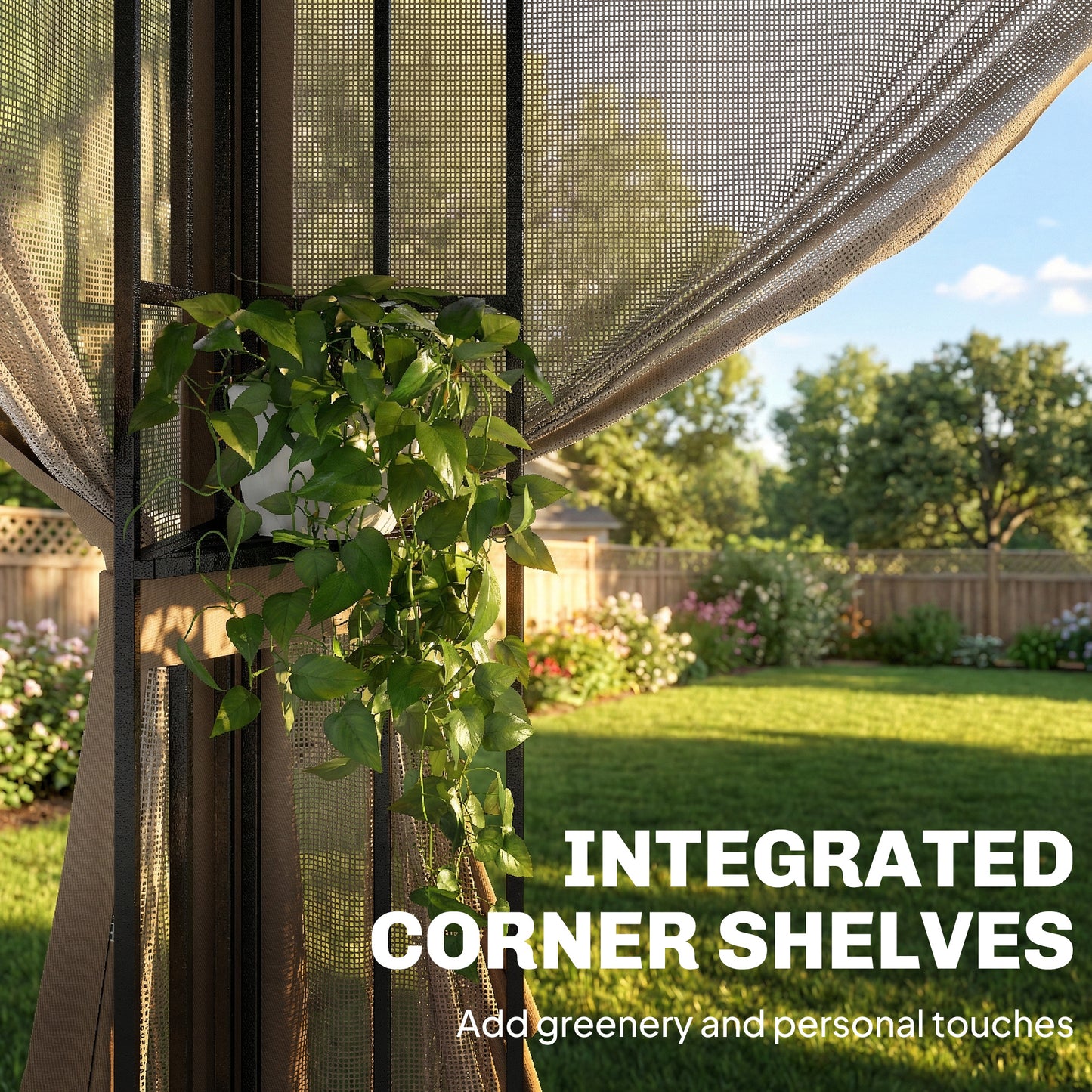 Outsunny 3 x 3.6 m Outdoor Garden Gazebo With Post Shelves UPF50 Plus Patio Permanent Pavilion With Hook Khaki