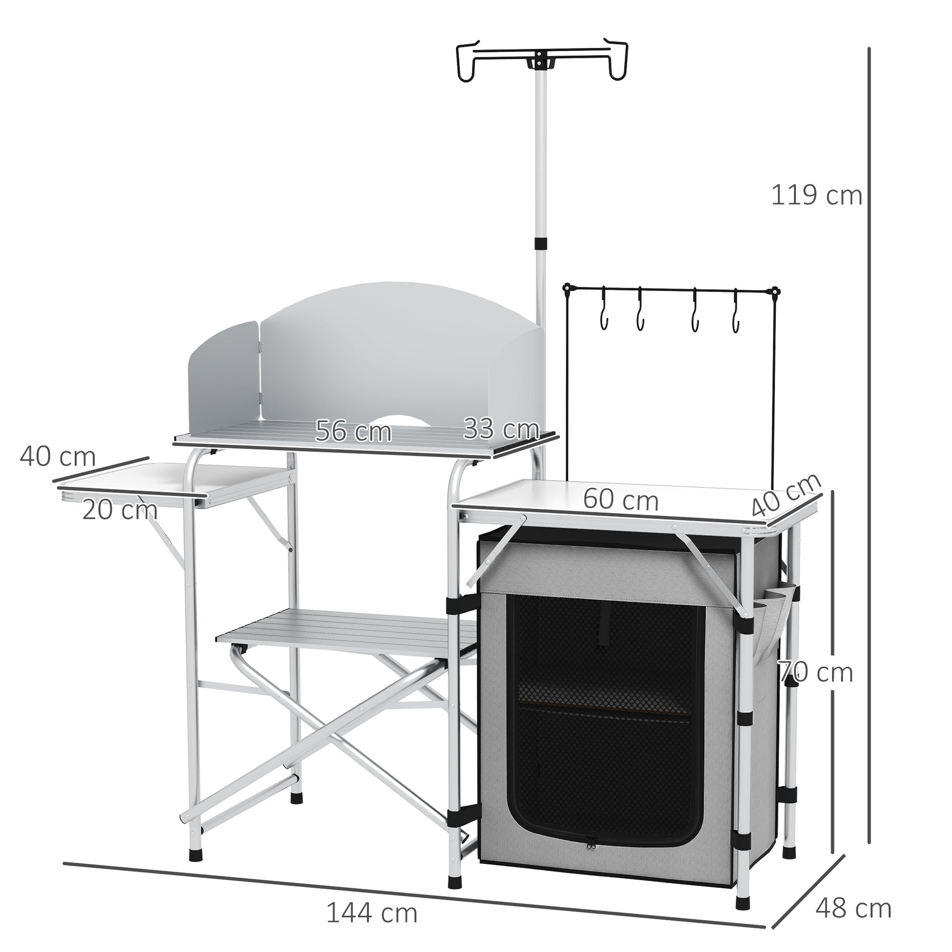 Outsunny All-in-One Portable Camping Kitchen with Aluminium Folding Table, Windshield & Light Stand - Includes Carry Bag - ALL4U RETAILER LTD