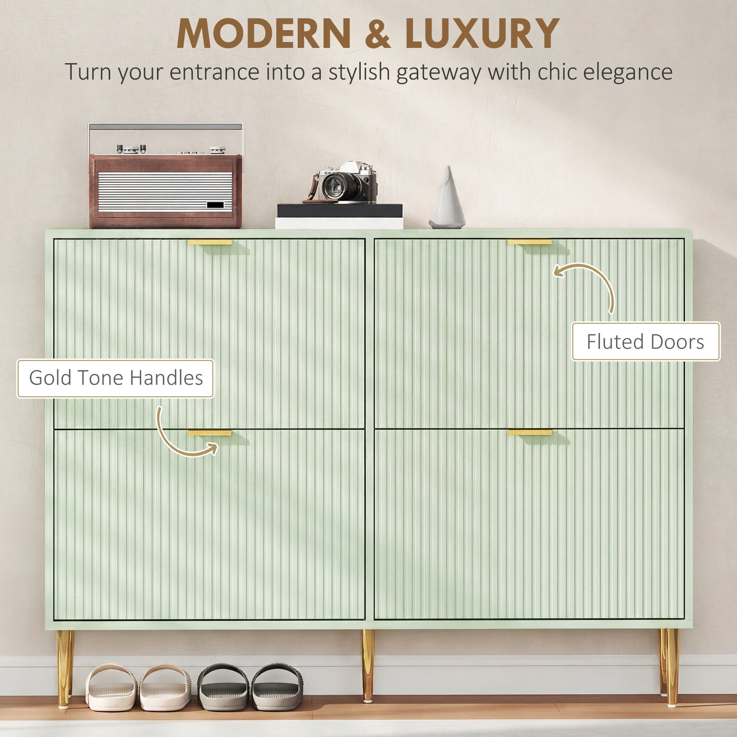HOMCOM Elegant Four Drawer Shoe Cabinet in Light Green with Ridged Doors and Gold Accents Holds 10 to 20 Pairs