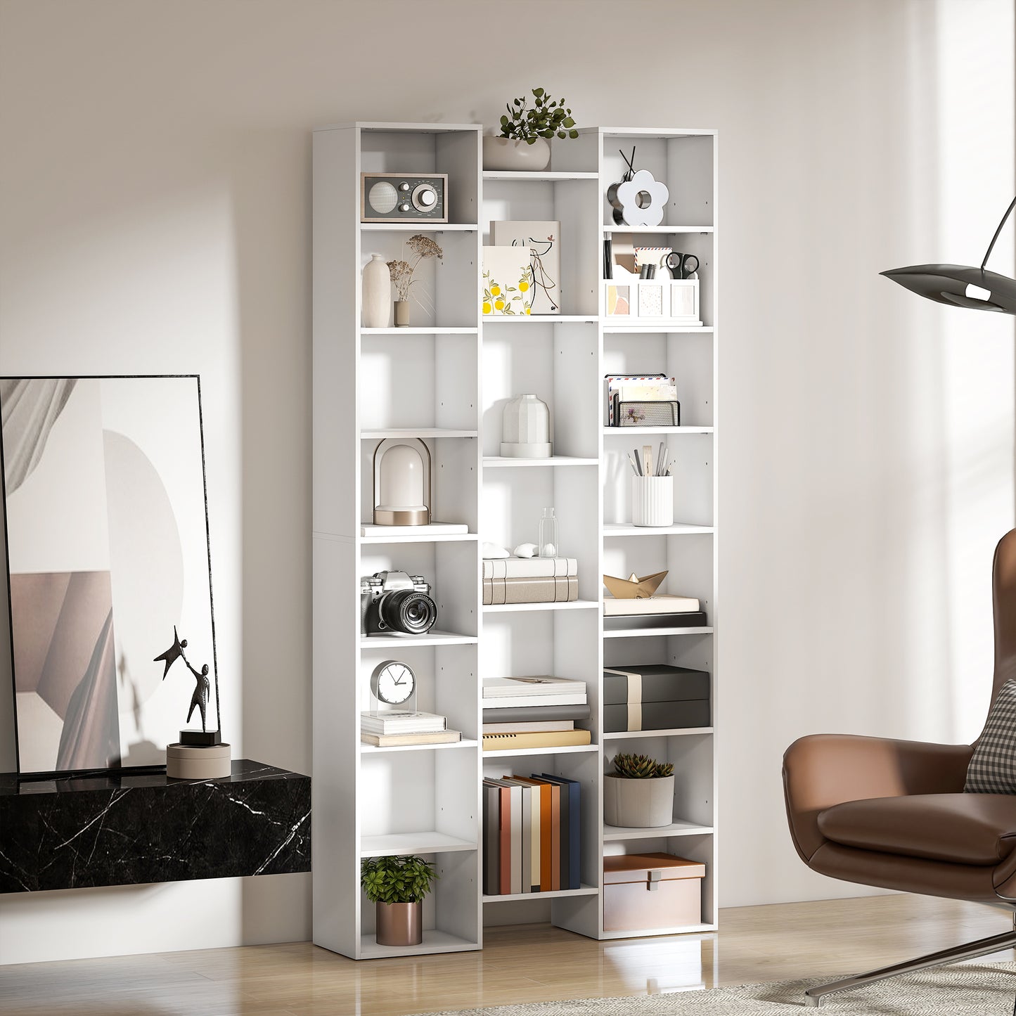 HOMCOM 21 Compartment Tall Bookshelf White With Adjustable Shelves For Living Room Storage