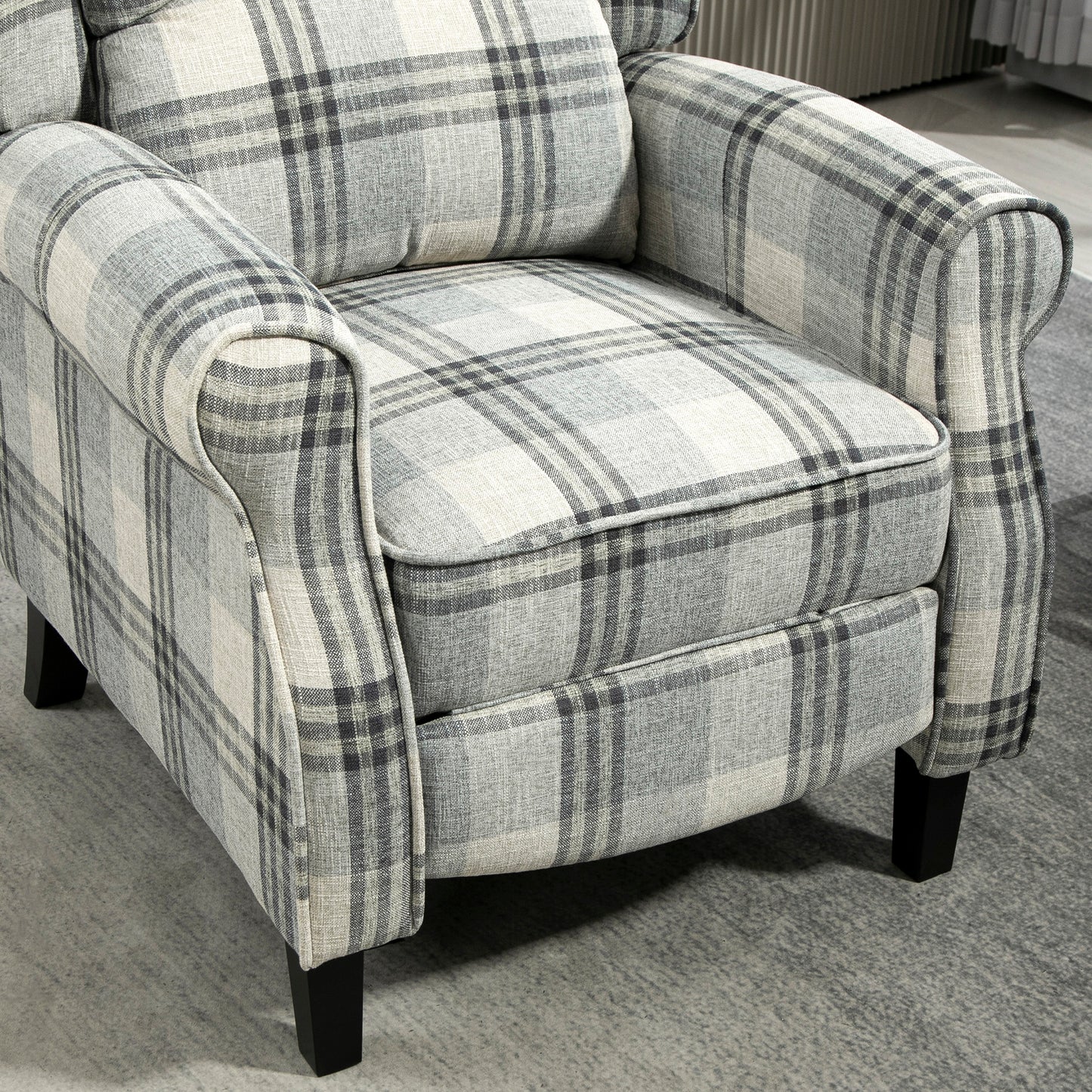 HOMCOM 160 Degree Reclining Armchair With Footrest Grey Checked Linen Feel Upholstery