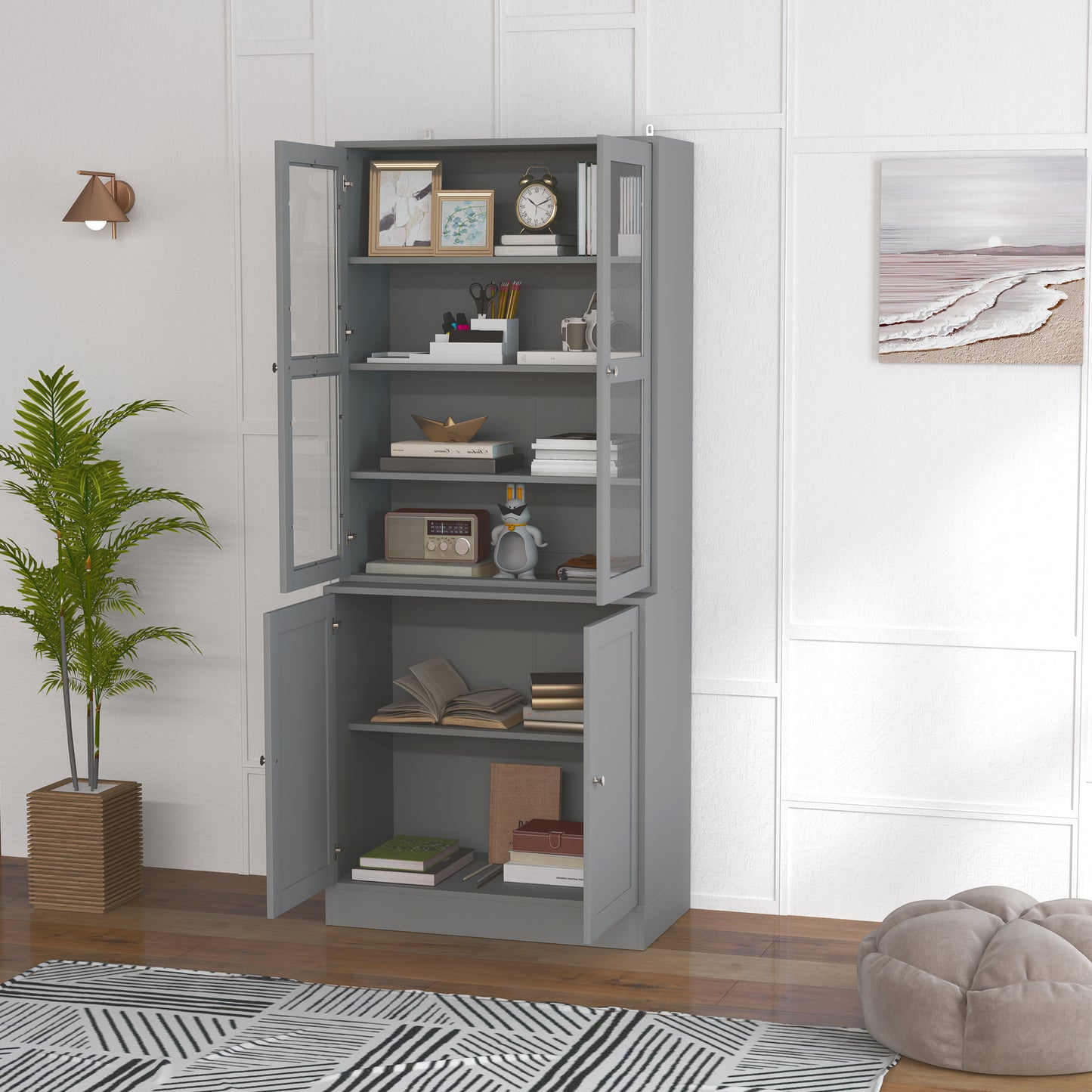 HOMCOM Double Storage Display Cabinet with Tempered Glass Doors Grey for Elegant Living Room Display and Extra Storage