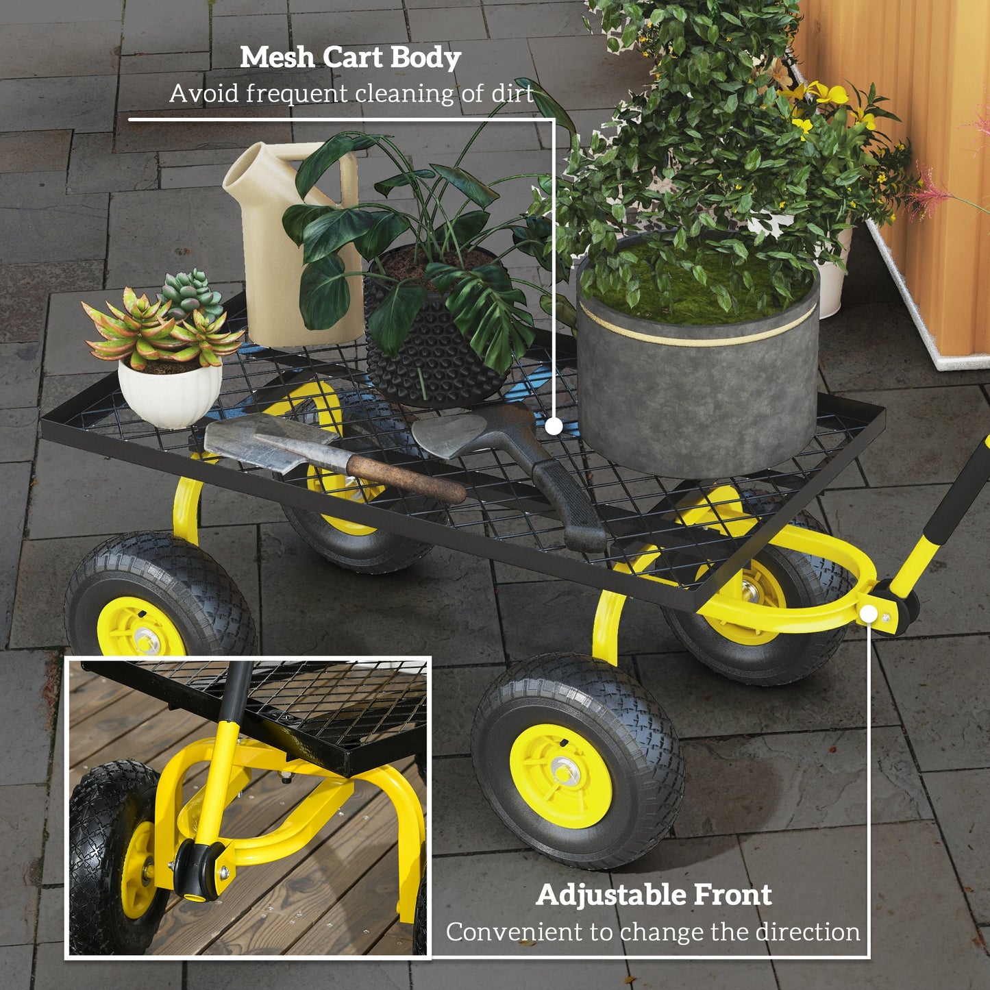 Outsunny Heavy Duty Garden Cart With Metal Frame 10 Inch Pneumatic Wheels Rotating Handle 150kg Capacity Yellow