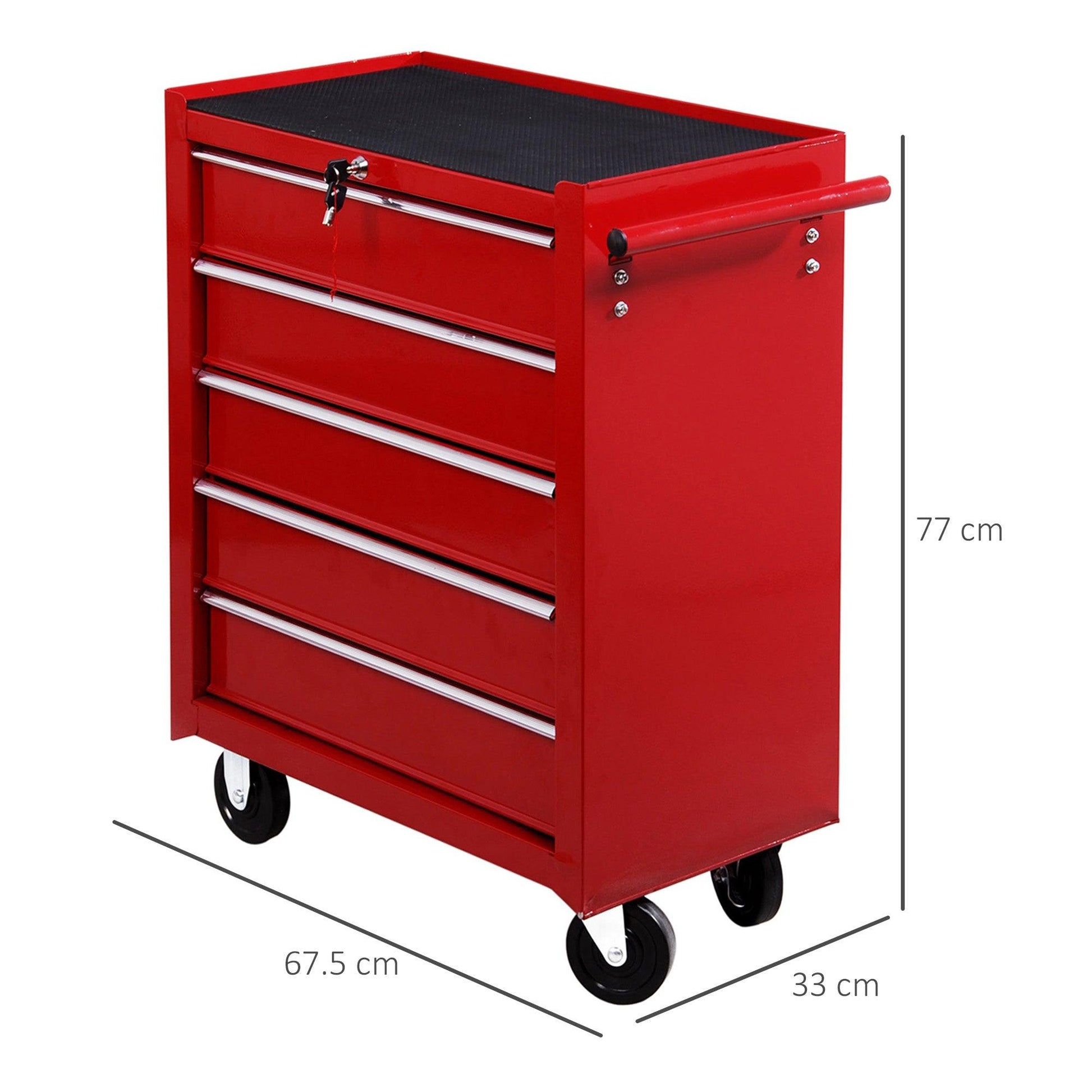 HOMCOM 5 Drawer Tool Chest on Wheels, Lockable Steel Tool Trolley with Side Handle for Workshop, Garage, Red - ALL4U RETAILER LTD