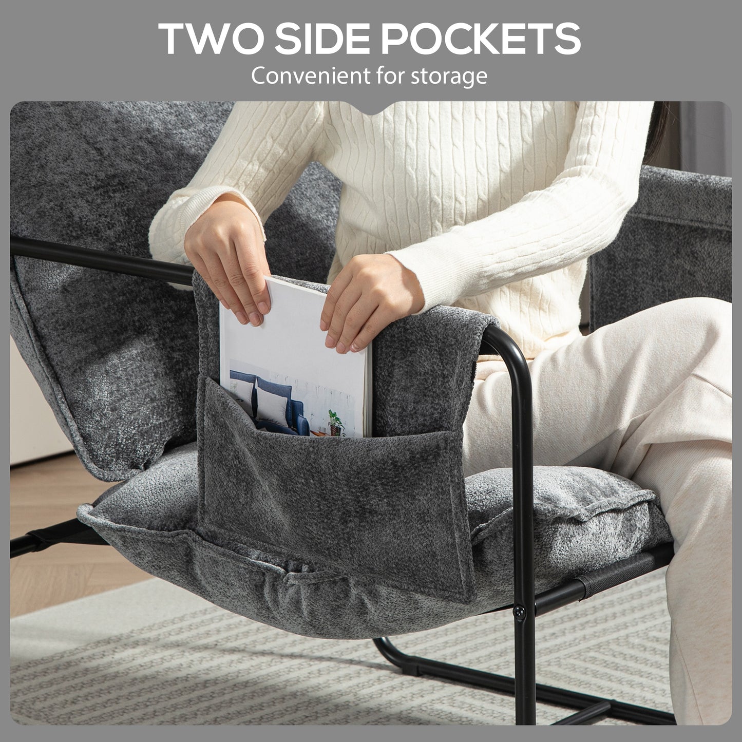 HOMCOM Minimal Padded Accent Chair With Pockets Grey Chenille Upholstery Removable Washable Covers And Storage Arms