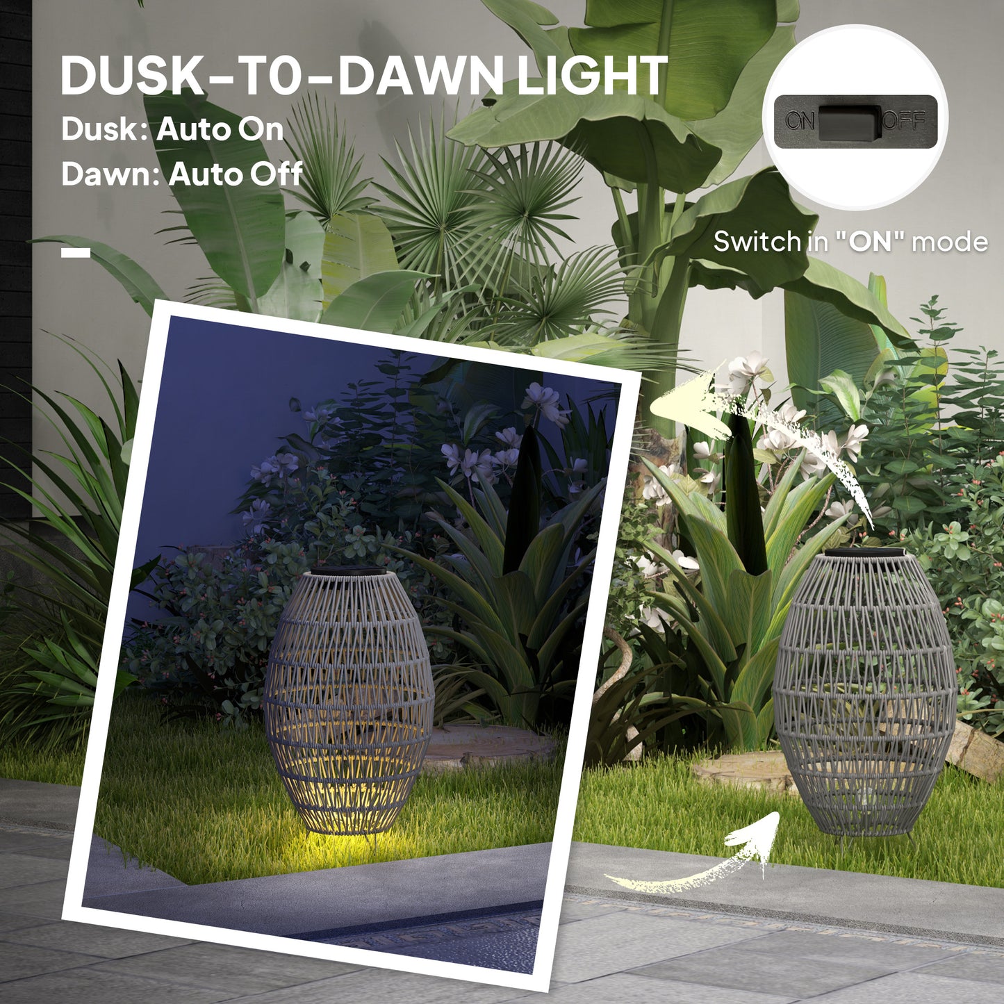 Outsunny Rattan Solar Lantern Outdoor Garden Light With Auto On Off IP44 Waterproof For Porch Pathway Grey