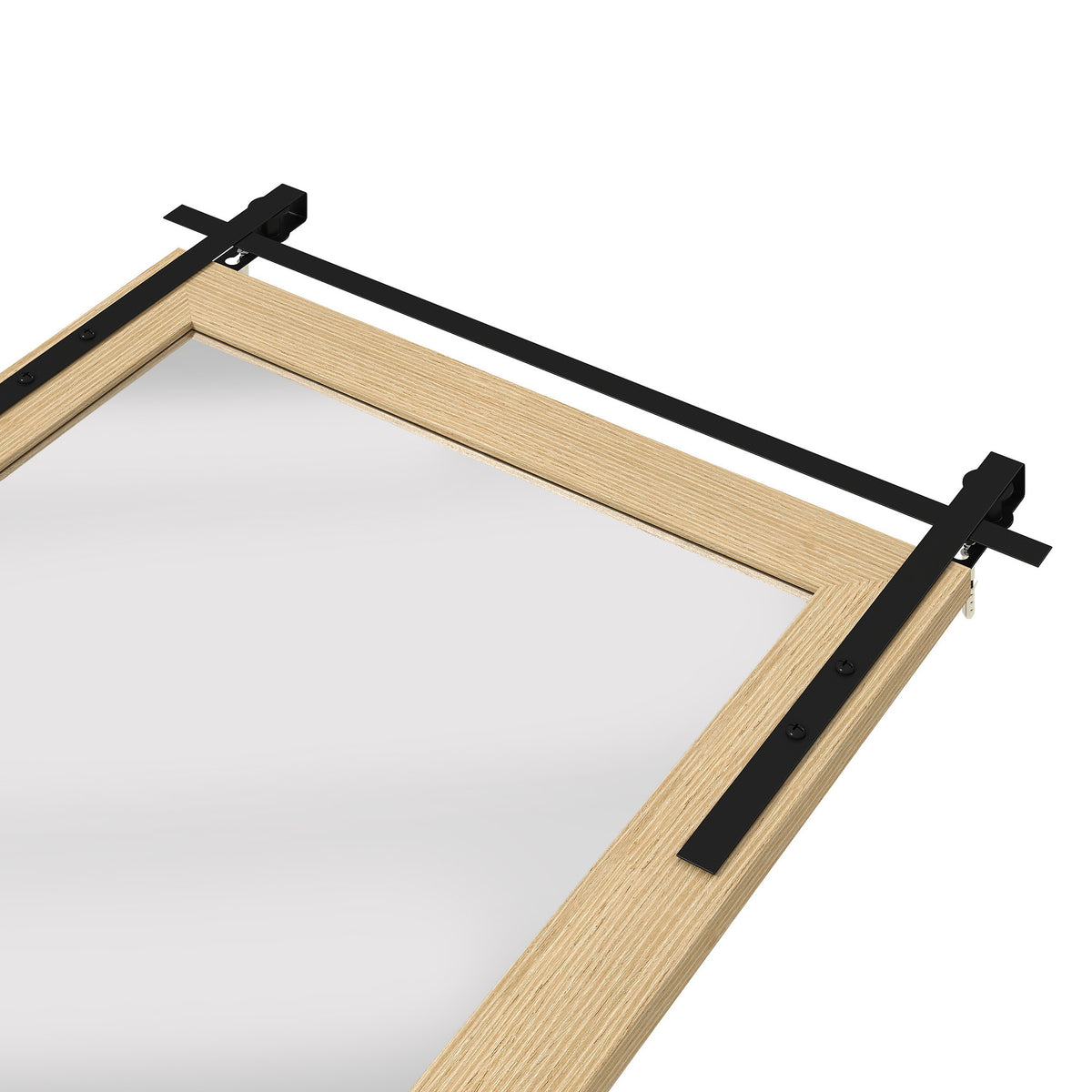 Corner view of rectangular wall mirror with light wood frame and black support bar