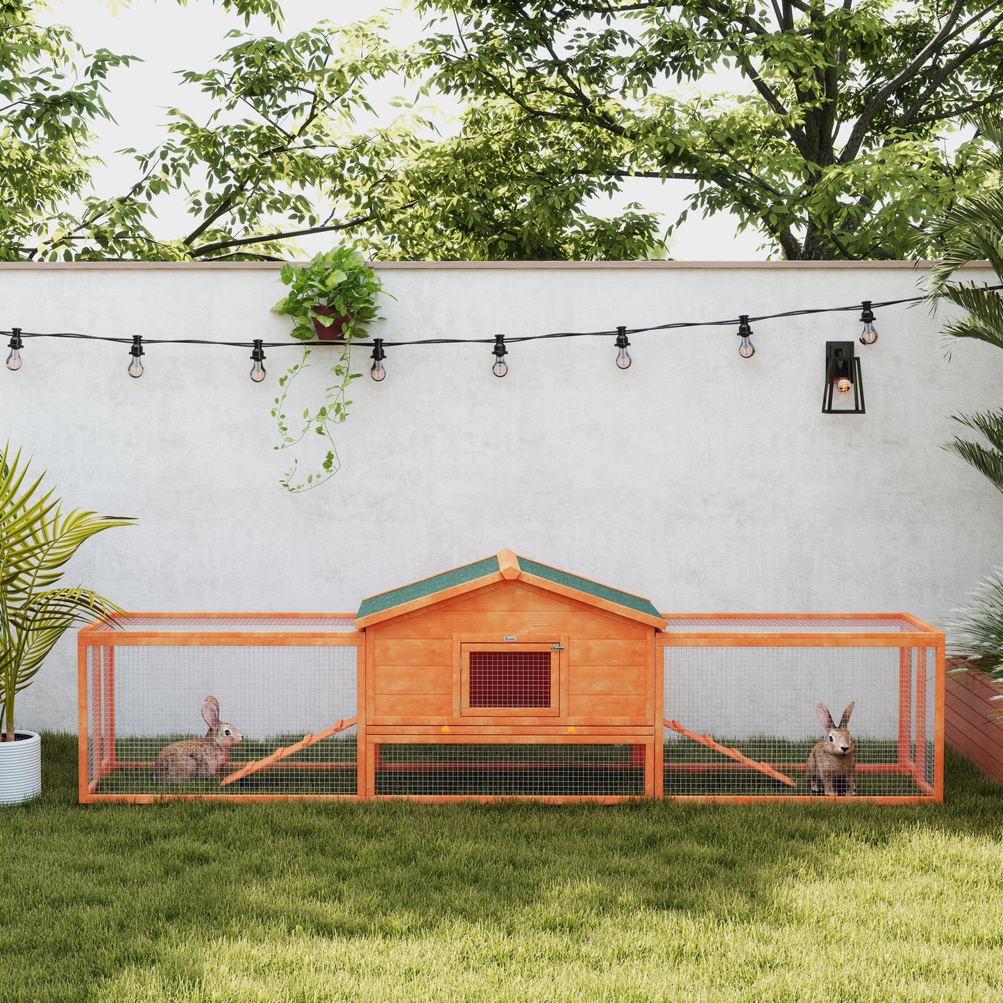 PawHut Wooden Rabbit Hutch with Enclosed Run, Easy-Clean Tray, Weatherproof Roof, 309 x 70 x 87cm, Vibrant Orange - ALL4U RETAILER LTD