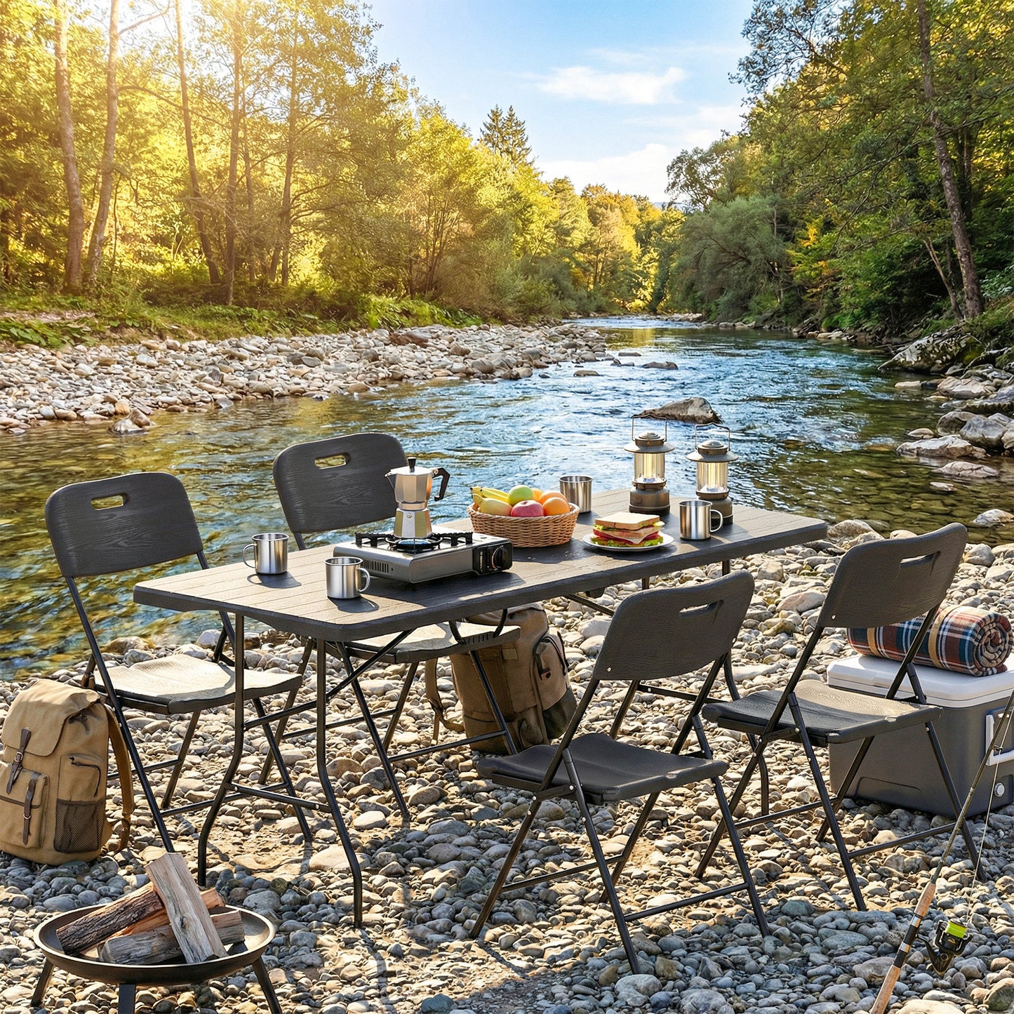 Outsunny 5 Piece 6ft Foldable Table and Chairs Portable Picnic Set Waterproof Top and Steel Frame Black