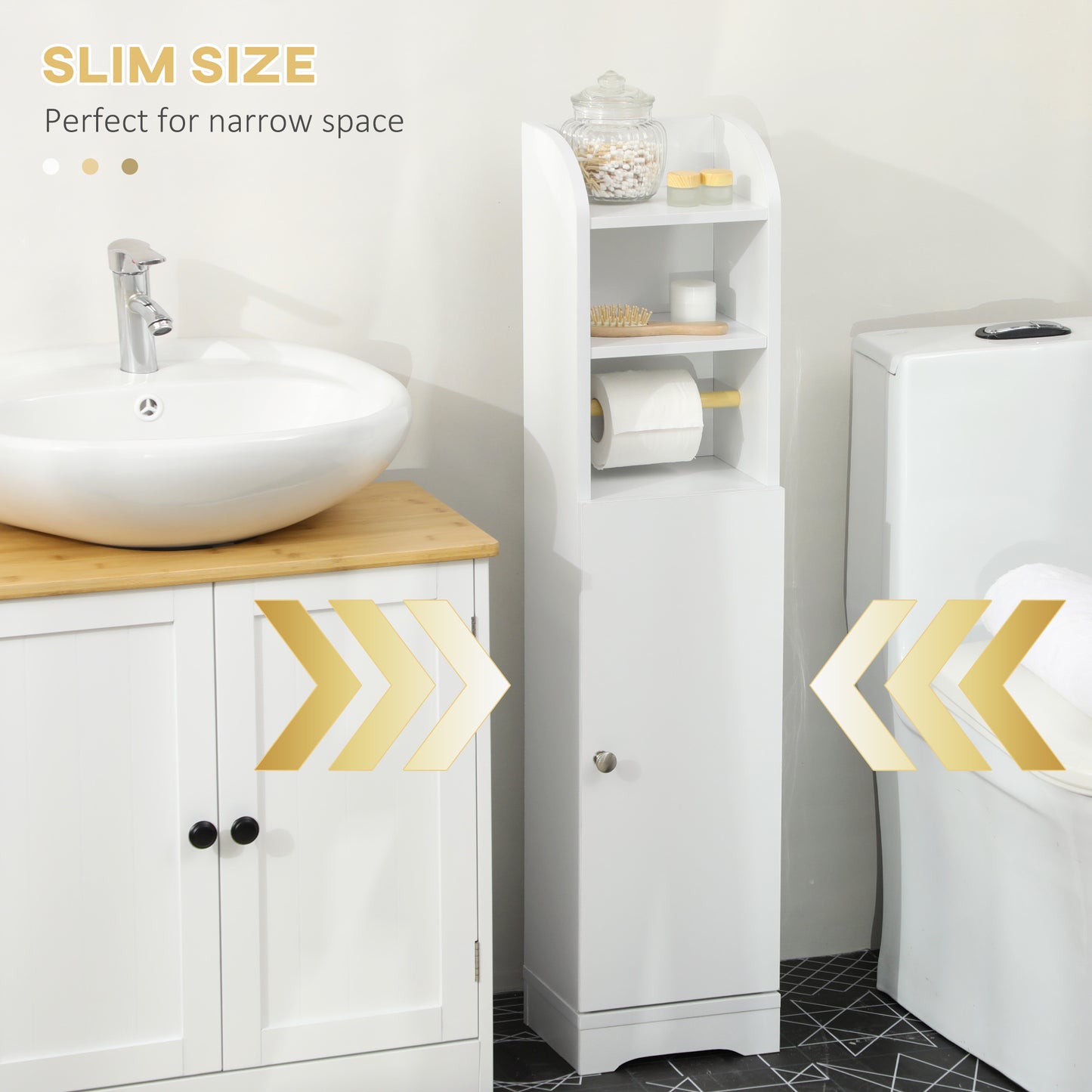 Kleankin Narrow Multi Storage Bathroom Cabinet White With Two Upper Shelves Toilet Roll Holder And Two Tier Cupboard