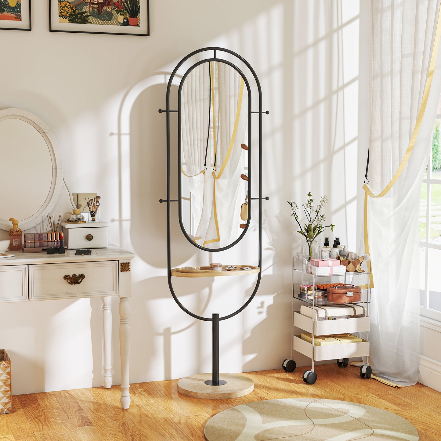 HOMCOM Dual Oval Full Length Mirror With Wooden Tray And Four Hooks Black Finish For Bedroom Or Hallway