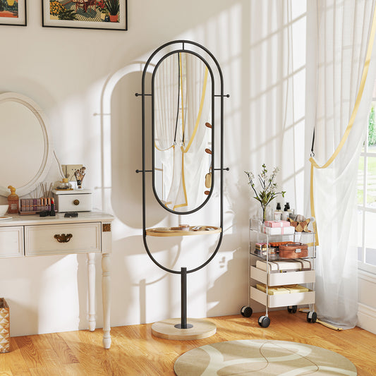HOMCOM Dual Oval Full Length Mirror With Wooden Tray And Four Hooks Black Finish For Bedroom Or Hallway