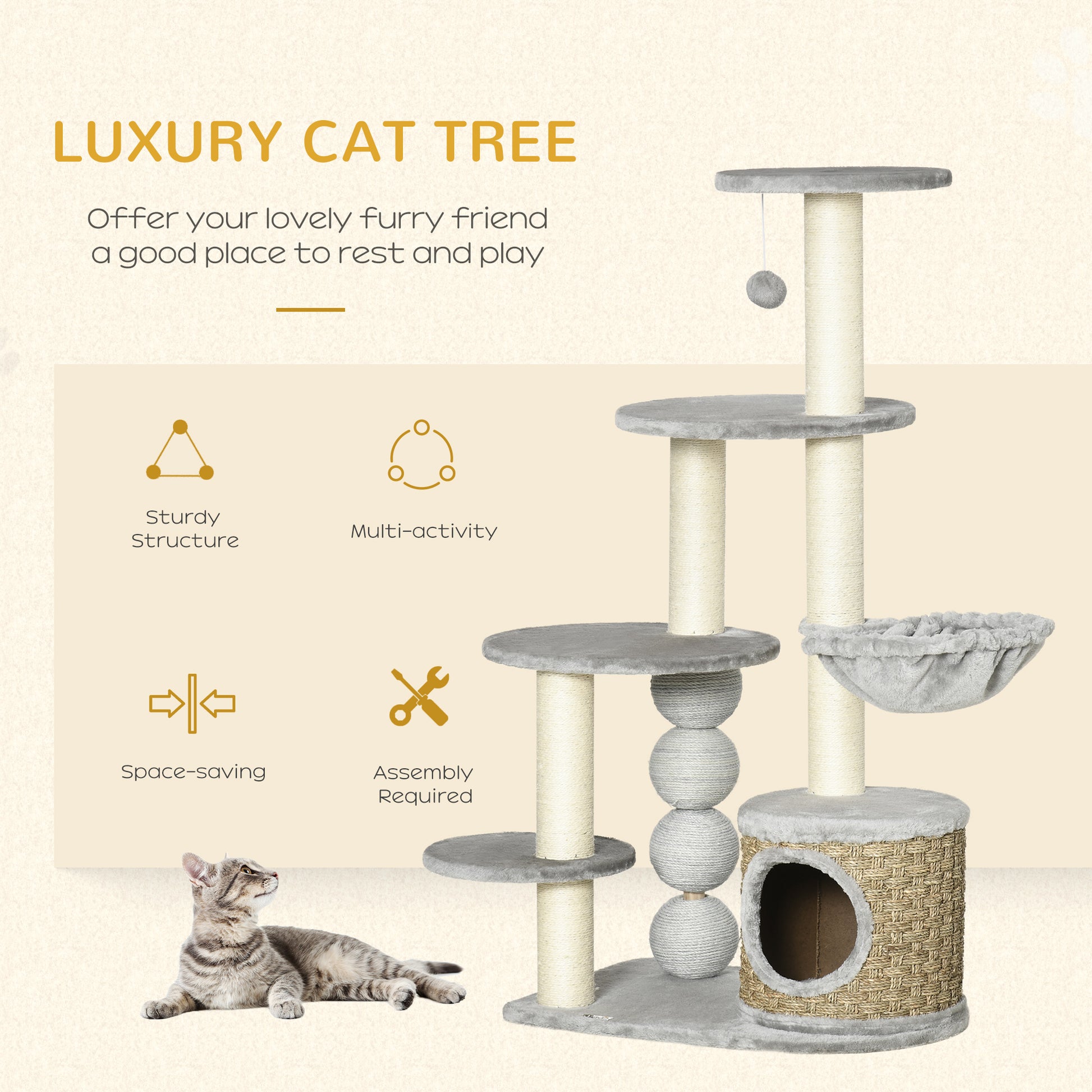 PawHut Light Grey Cat Climbing Tower with Cozy Hammock and Fluffy Condo, 115cm Activity Centre for Kittens - ALL4U RETAILER LTD