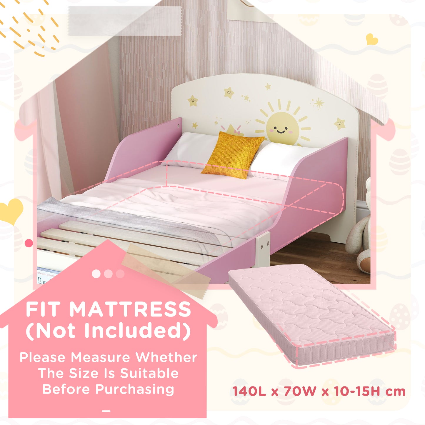 AIYAPLAY Toddler Bed With Storage And Guardrails Sun Design Fits 140 x 70cm Mattress For Ages 3-8
