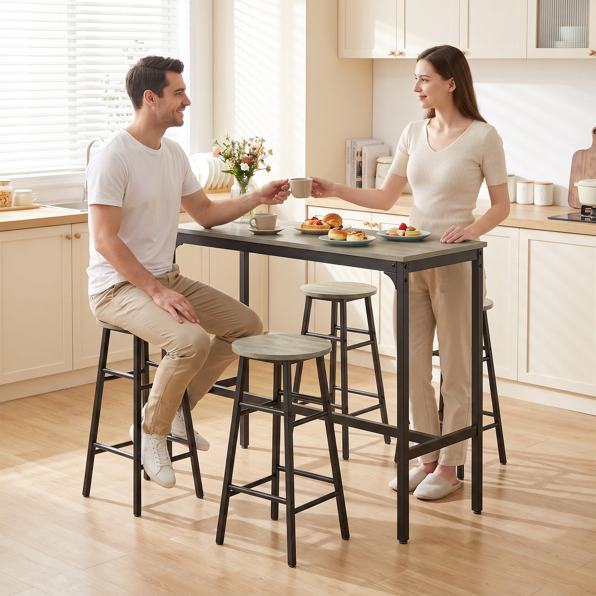 Homcom 5 Piece Industrial Bar Table Set With 4 Tall Grey Stools