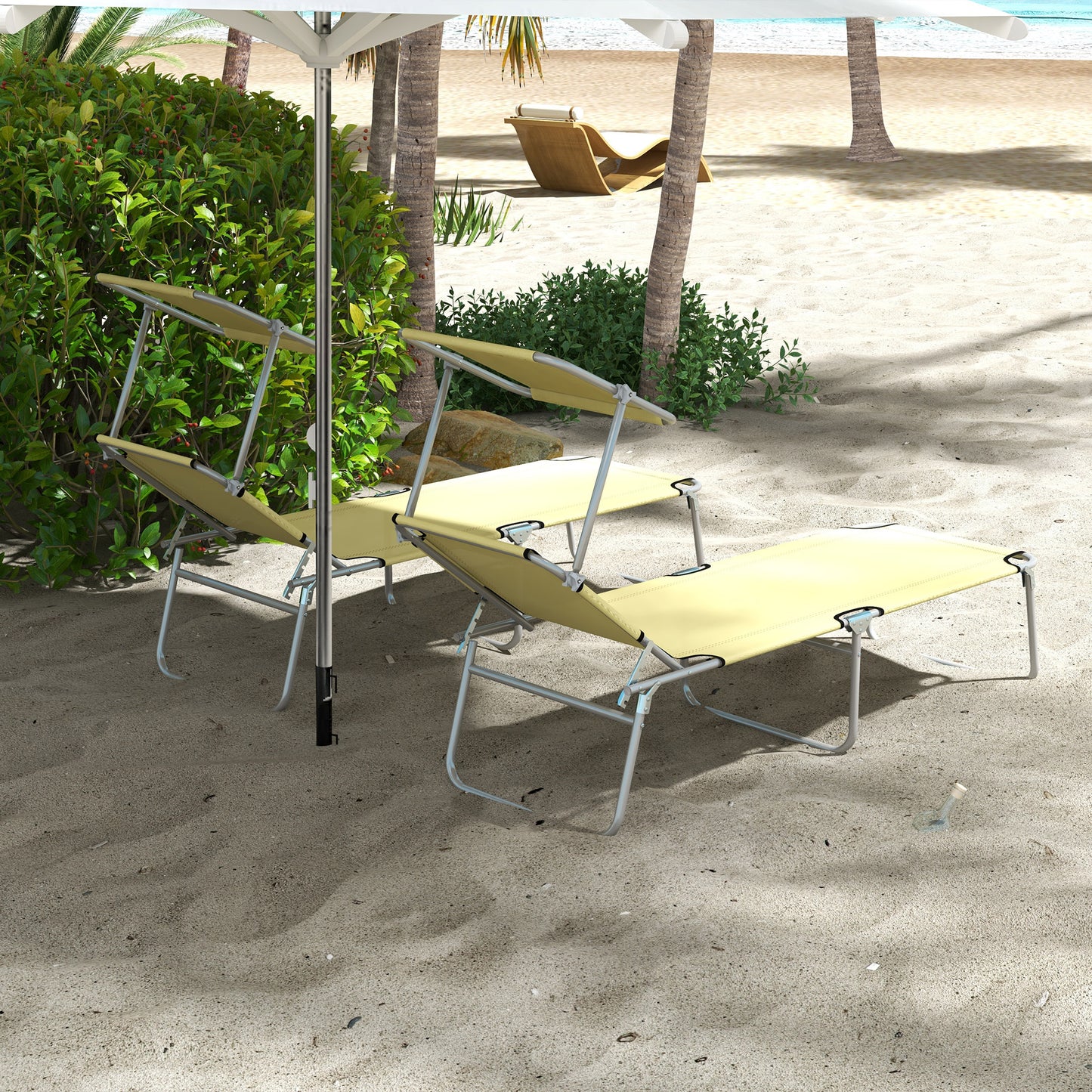 Outsunny Adjustable Outdoor Sun Lounger Set of 2 with Canopy, Beige Reclining Chairs - ALL4U RETAILER LTD