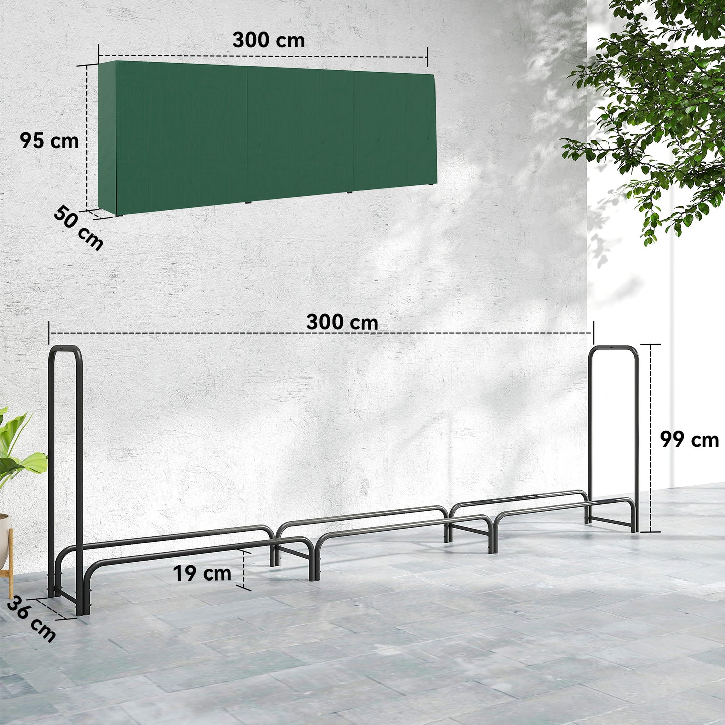 Outsunny Firewood Rack With Waterproof Cover, Heavy Duty Metal Log Storage For Outdoor Indoor Fireplace, 300x36x99 Cm