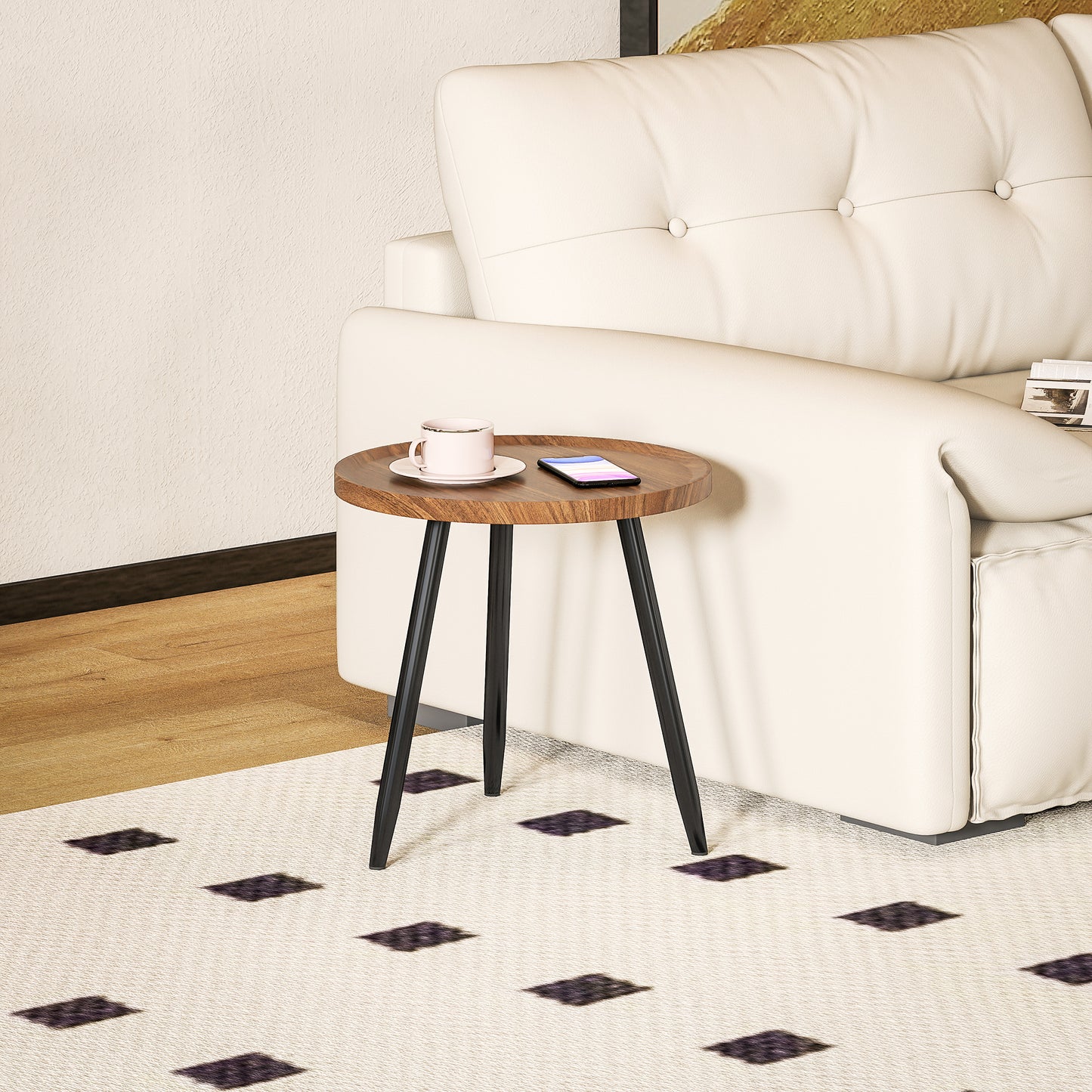 HOMCOM Modern Round Coffee Table With Steel Frame For Small Space Living Room And Bedroom Walnut Wood Effect