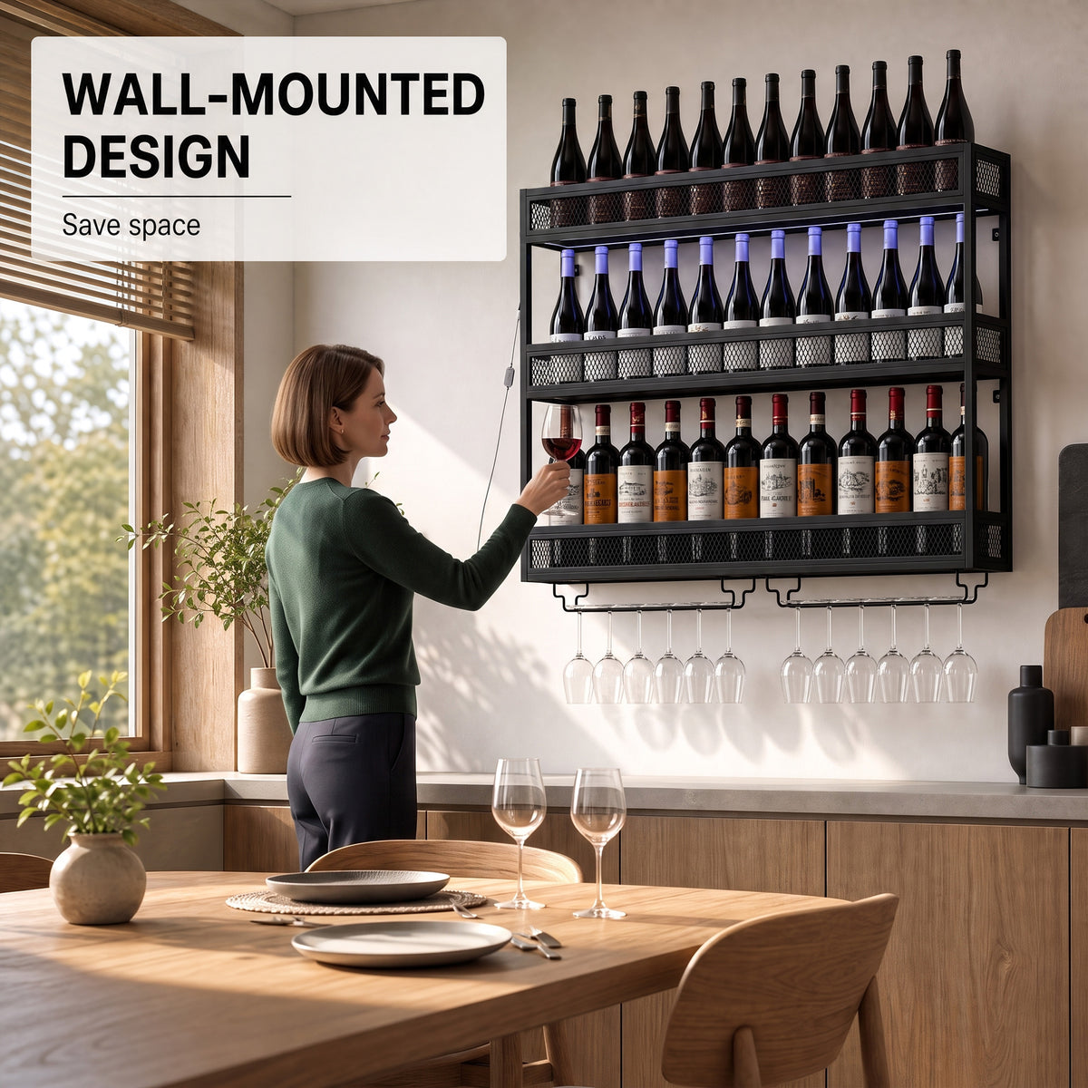 Homcom Wall Mounted Wine Rack With Led Lights And Six Glass Holders