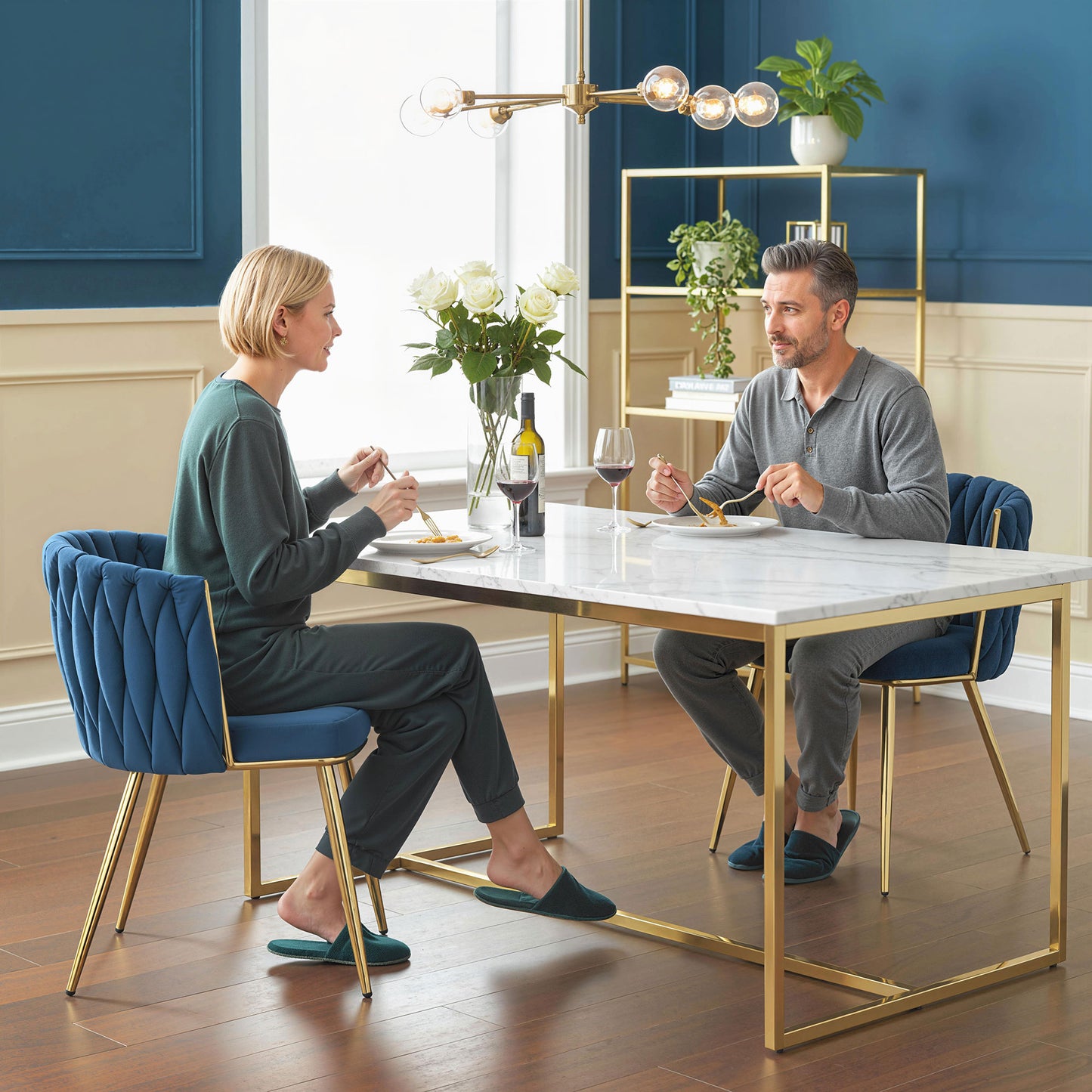 HOMCOM Velvet-Feel Dining Chairs Set of 2 with Knot Back and Gold Legs, Dark Blue