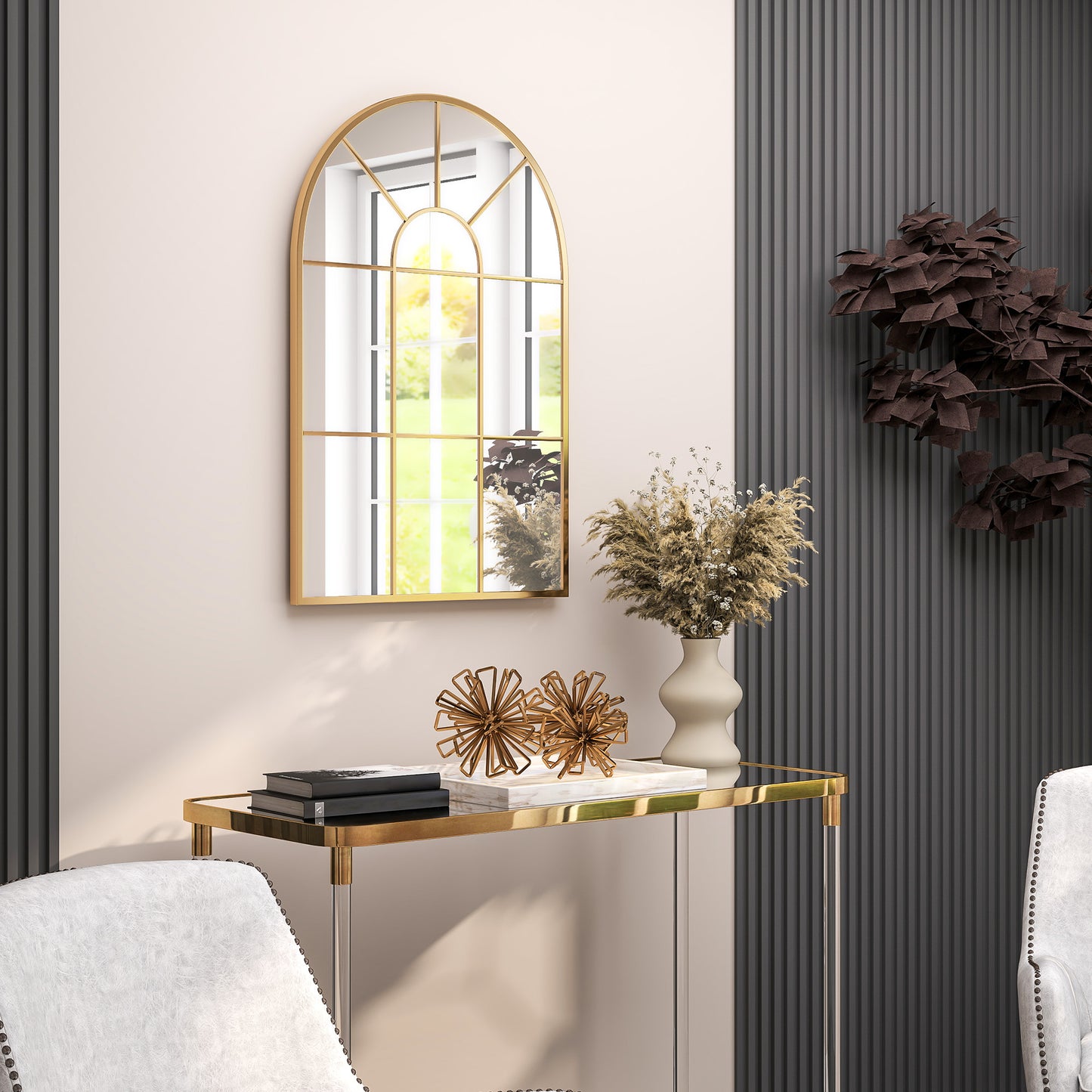 HOMCOM 90 By 61 Cm Arched Grid Mirror Gold Tone With Metal Frame Wall Mount Hooks For Bedroom Hallway Decor