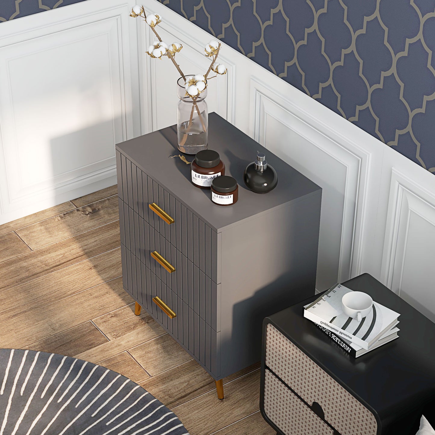 HOMCOM Modern Dark Grey 3-Drawer Dresser with Gold Accents and Aluminium Legs - ALL4U RETAILER LTD