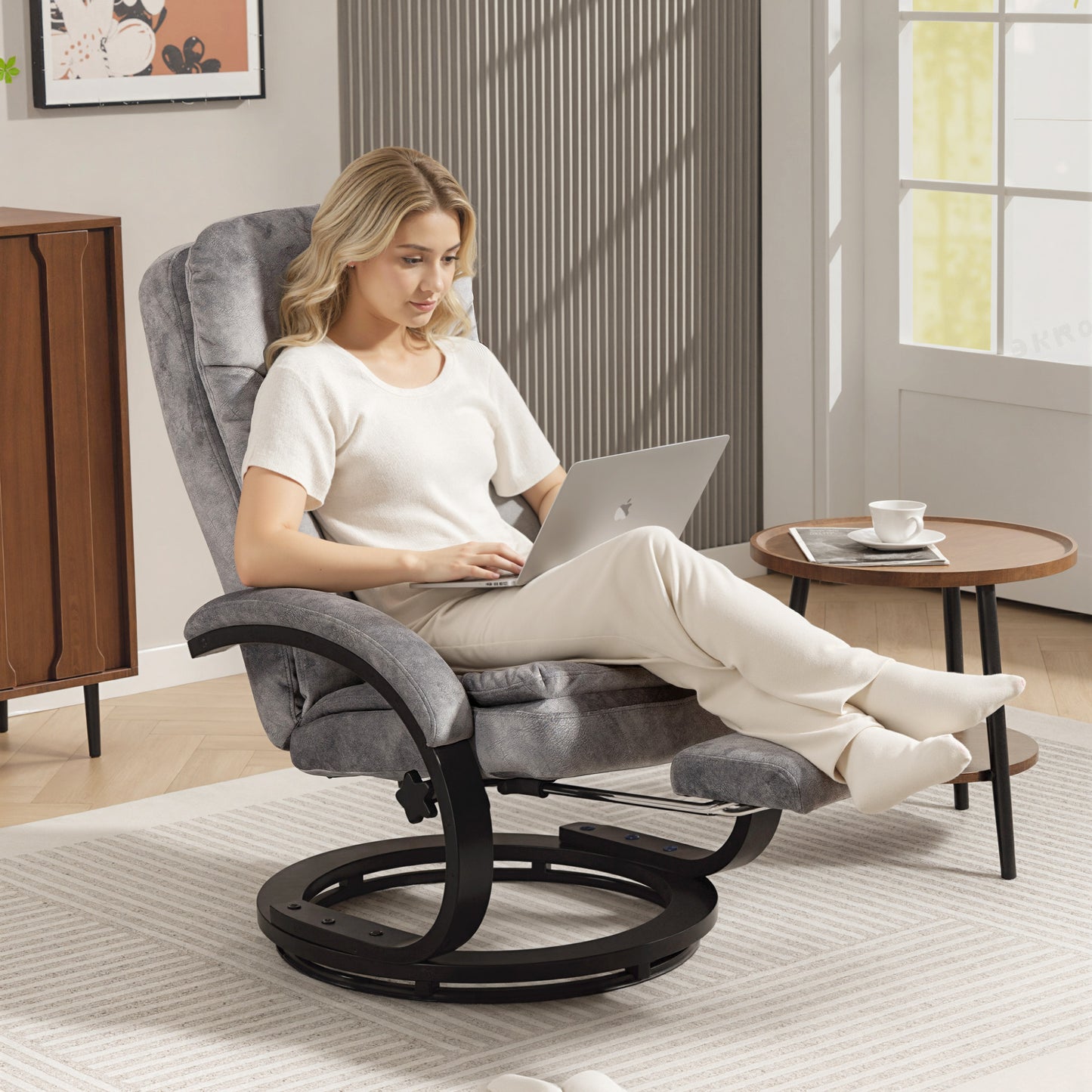 HOMCOM Swivel Recliner Chair With Footrest Manual Recliner Armchair Wooden Base Grey For Living Room